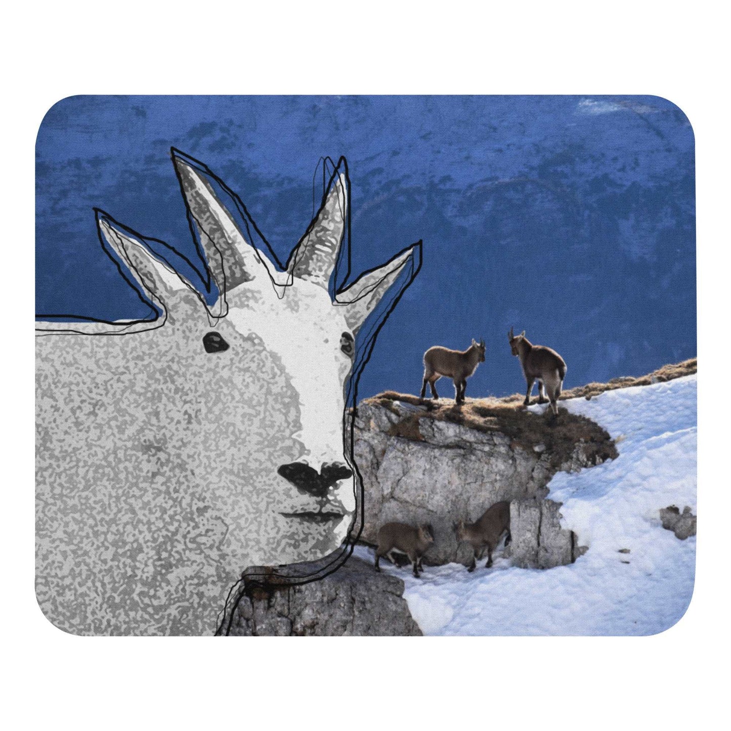 A high-quality mouse pad featuring a funny mountain goat design over a wildlife background.