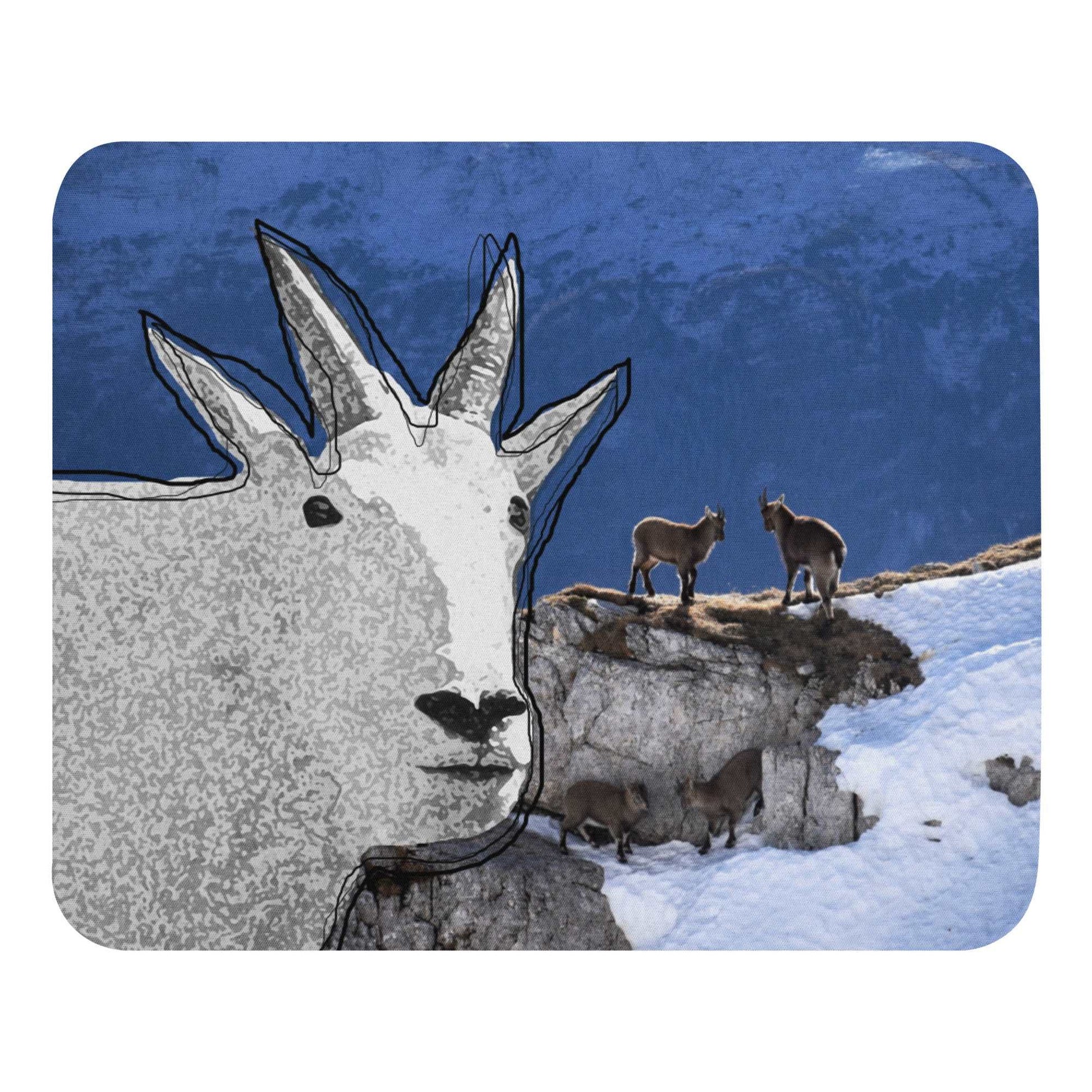 A high-quality mouse pad featuring a funny mountain goat design over a wildlife background.