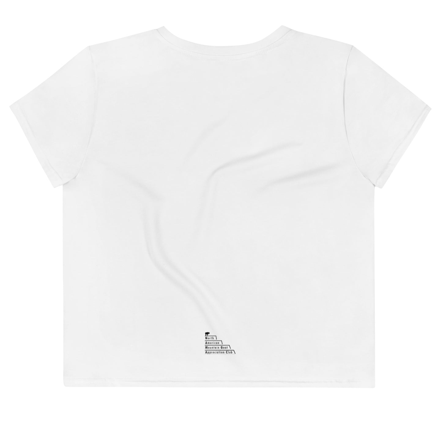 A white crop top that has two funny mountain goat images on the boobs. designed by North American Mountain Goat Appreciation Club.