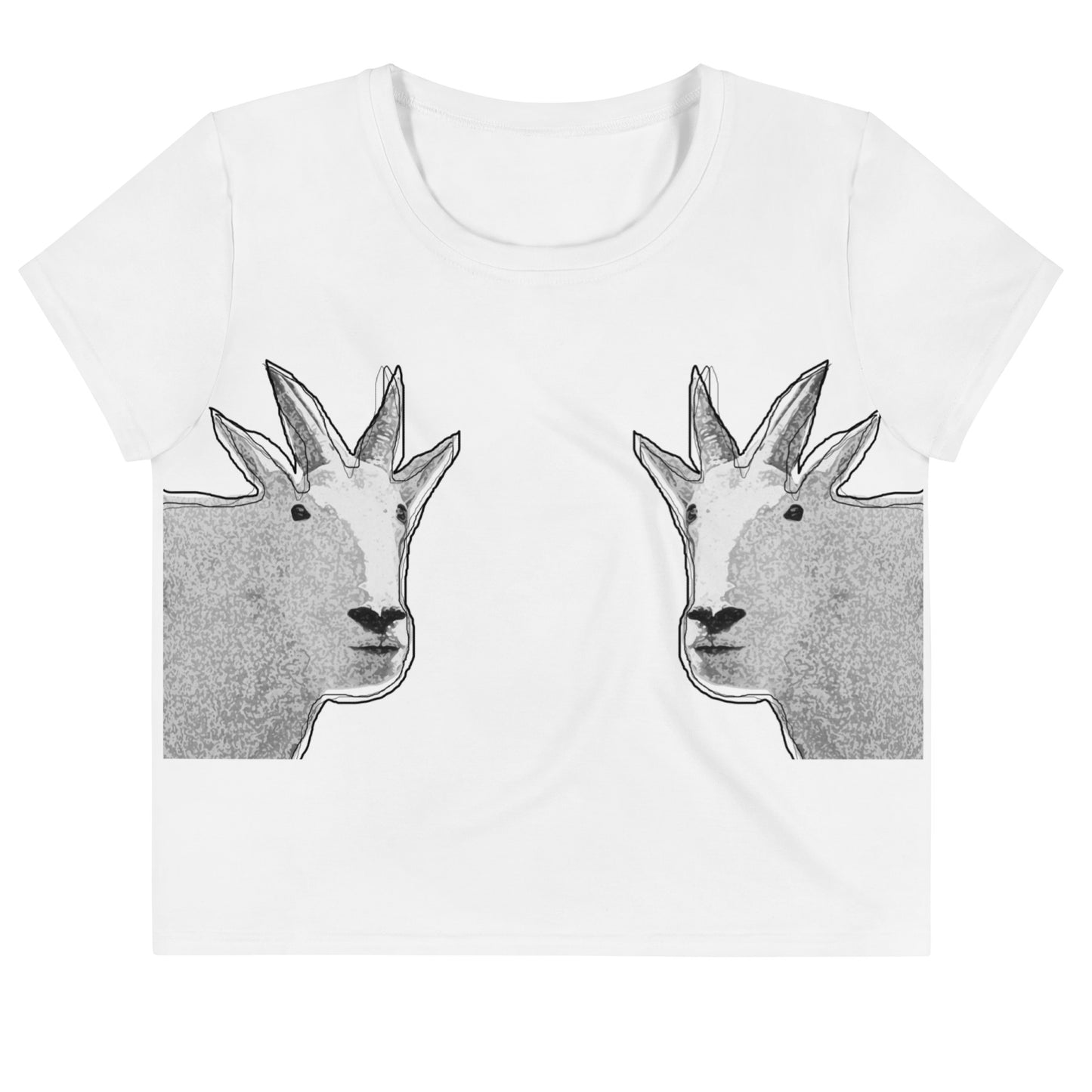 A white crop top that has two funny mountain goat images on the boobs. designed by North American Mountain Goat Appreciation Club.