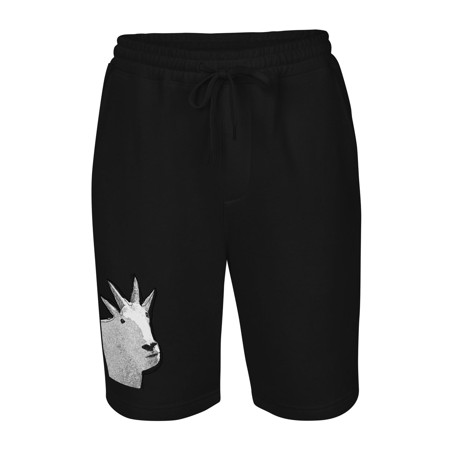 3D view of a pair of black Men's fleece shorts designed by North American Mountain Goat Appreciation Club that features a unique funny mountain goat design