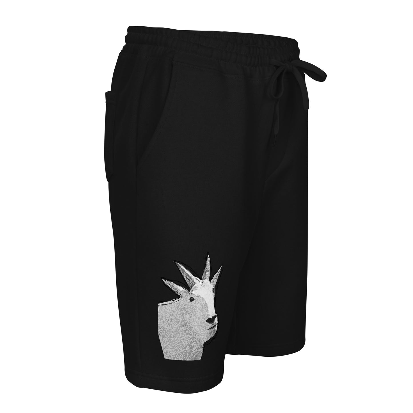 3D view of a pair of black Men's fleece shorts designed by North American Mountain Goat Appreciation Club that features a unique funny mountain goat design