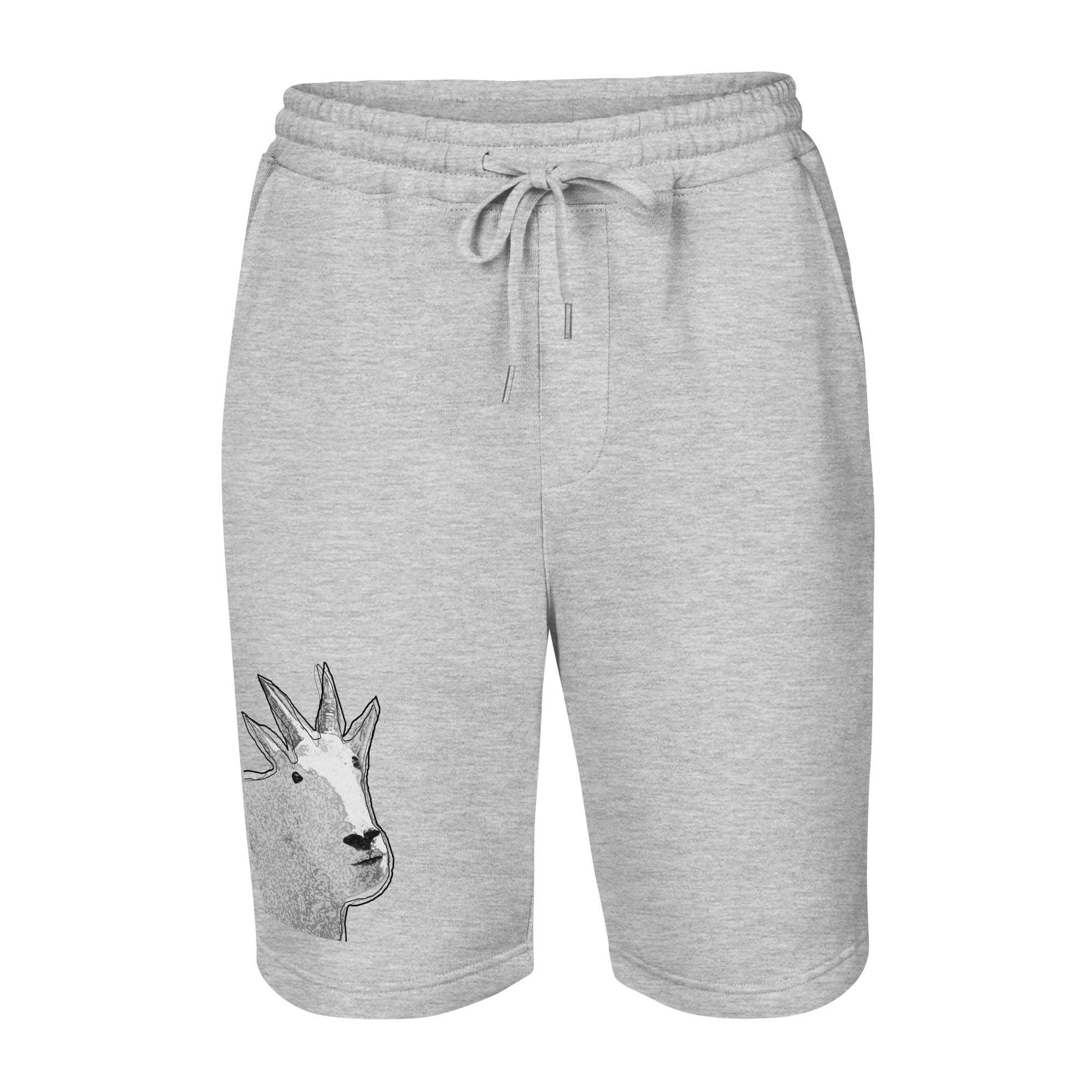 3D view of a pair of grey Men's fleece shorts designed by North American Mountain Goat Appreciation Club that features a unique funny mountain goat design