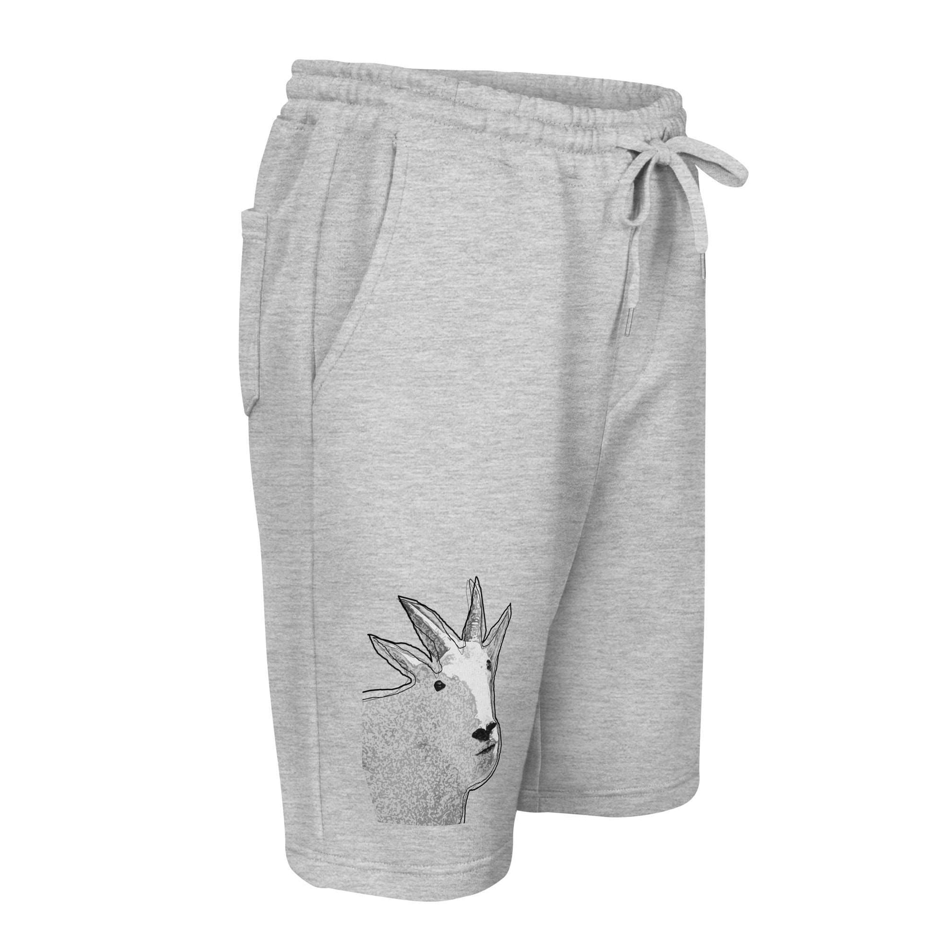 3D view of a pair of grey Men's fleece shorts designed by North American Mountain Goat Appreciation Club that features a unique funny mountain goat design