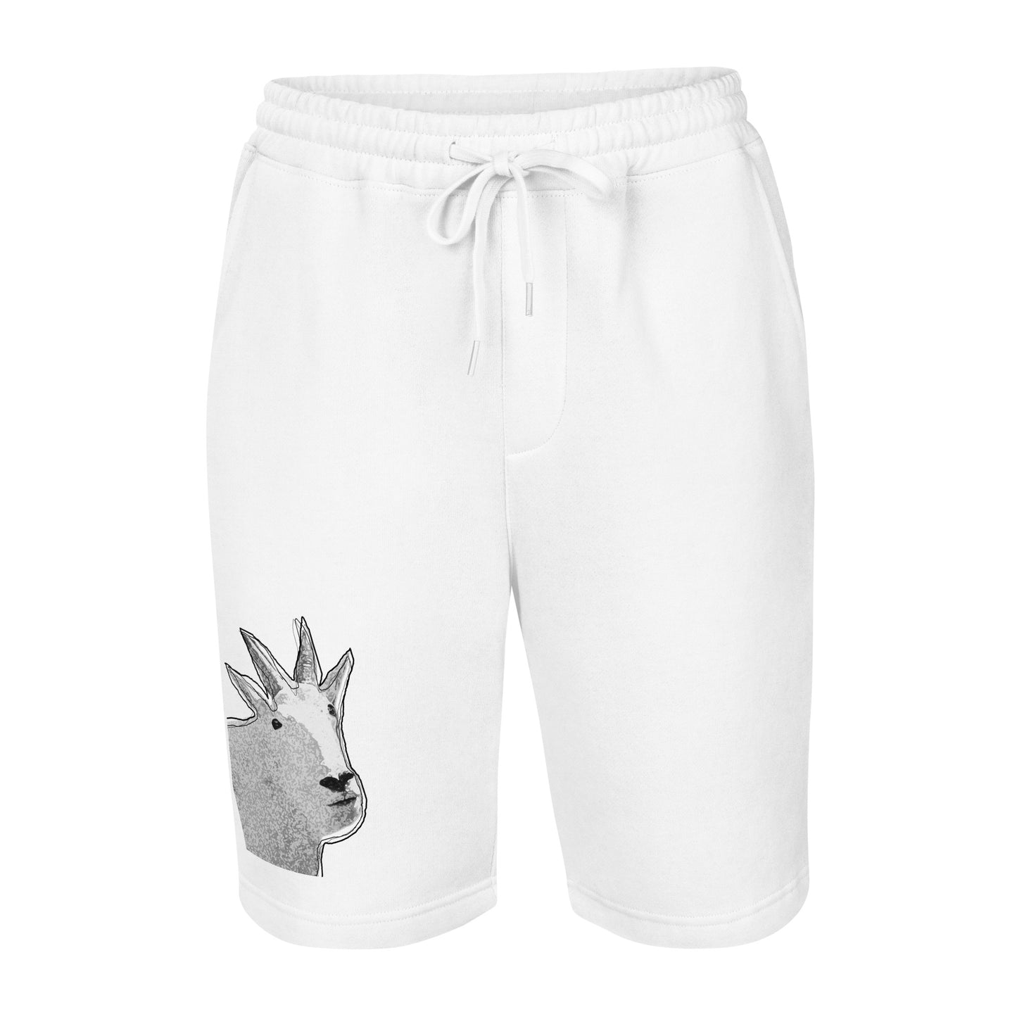 3D view of a pair of white Men's fleece shorts designed by North American Mountain Goat Appreciation Club that features a unique funny mountain goat design