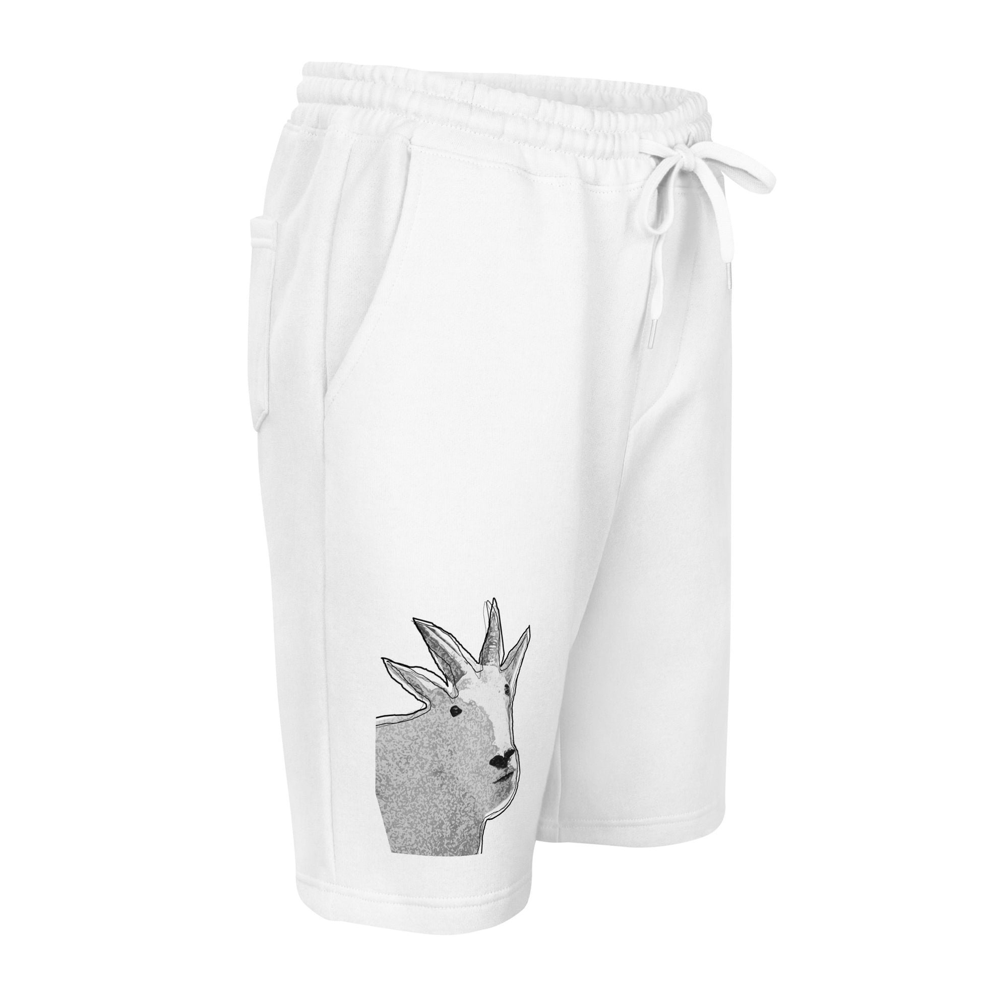 3D view of a pair of grey Men's fleece shorts designed by North American Mountain Goat Appreciation Club that features a unique funny mountain goat design