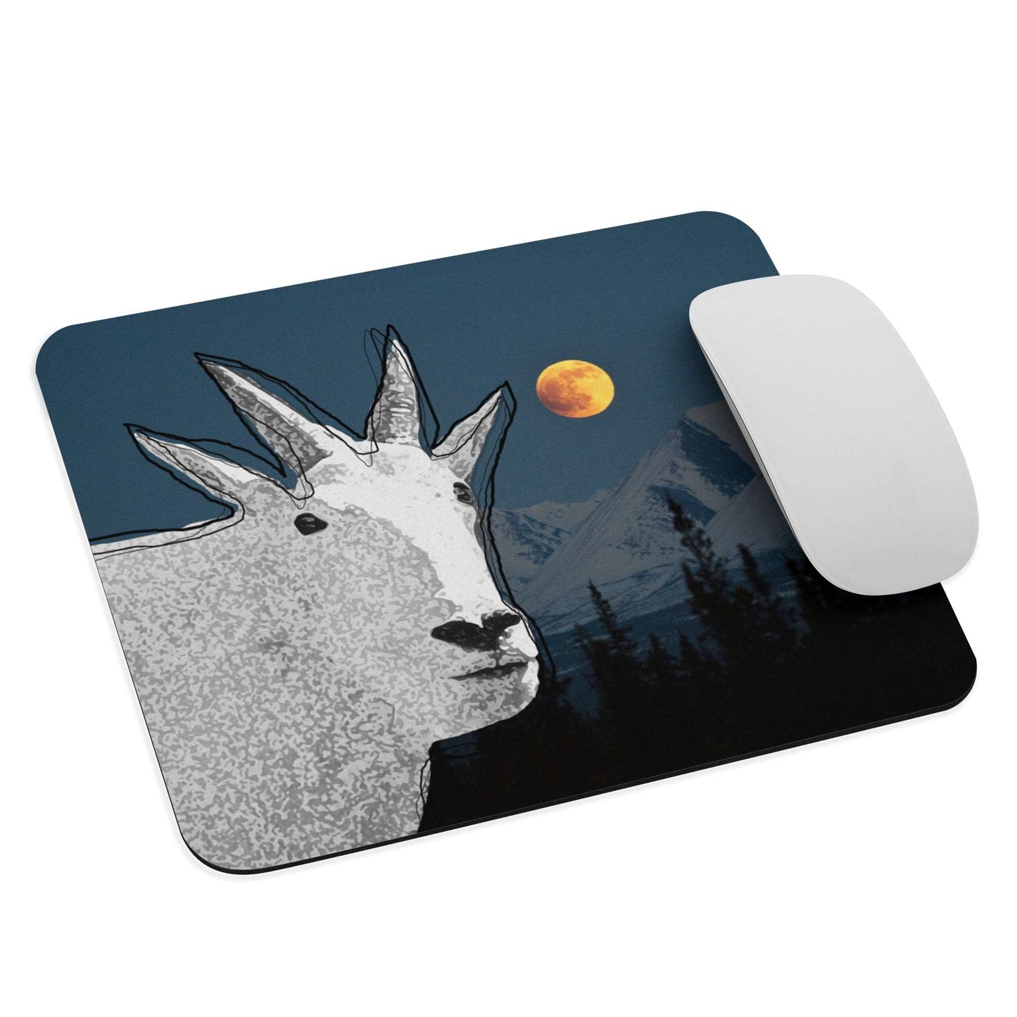 A high-quality mouse pad featuring a funny mountain goat design over a full moon background.