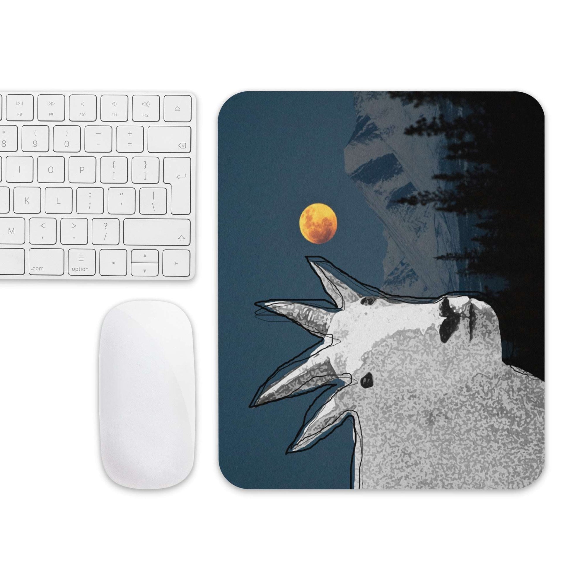 A high-quality mouse pad featuring a funny mountain goat design over a full moon background.