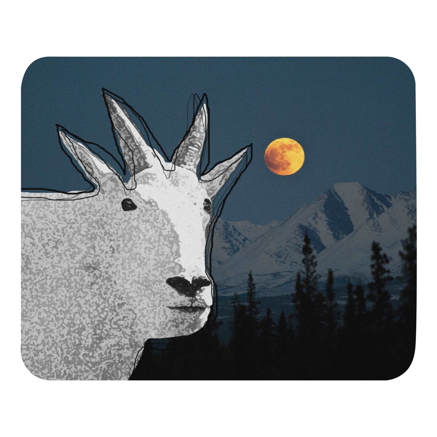 A high-quality mouse pad featuring a funny mountain goat design over a full moon background.