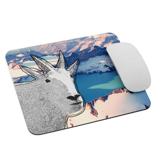 A high-quality mouse pad featuring a funny mountain goat design over a glacier lake background.