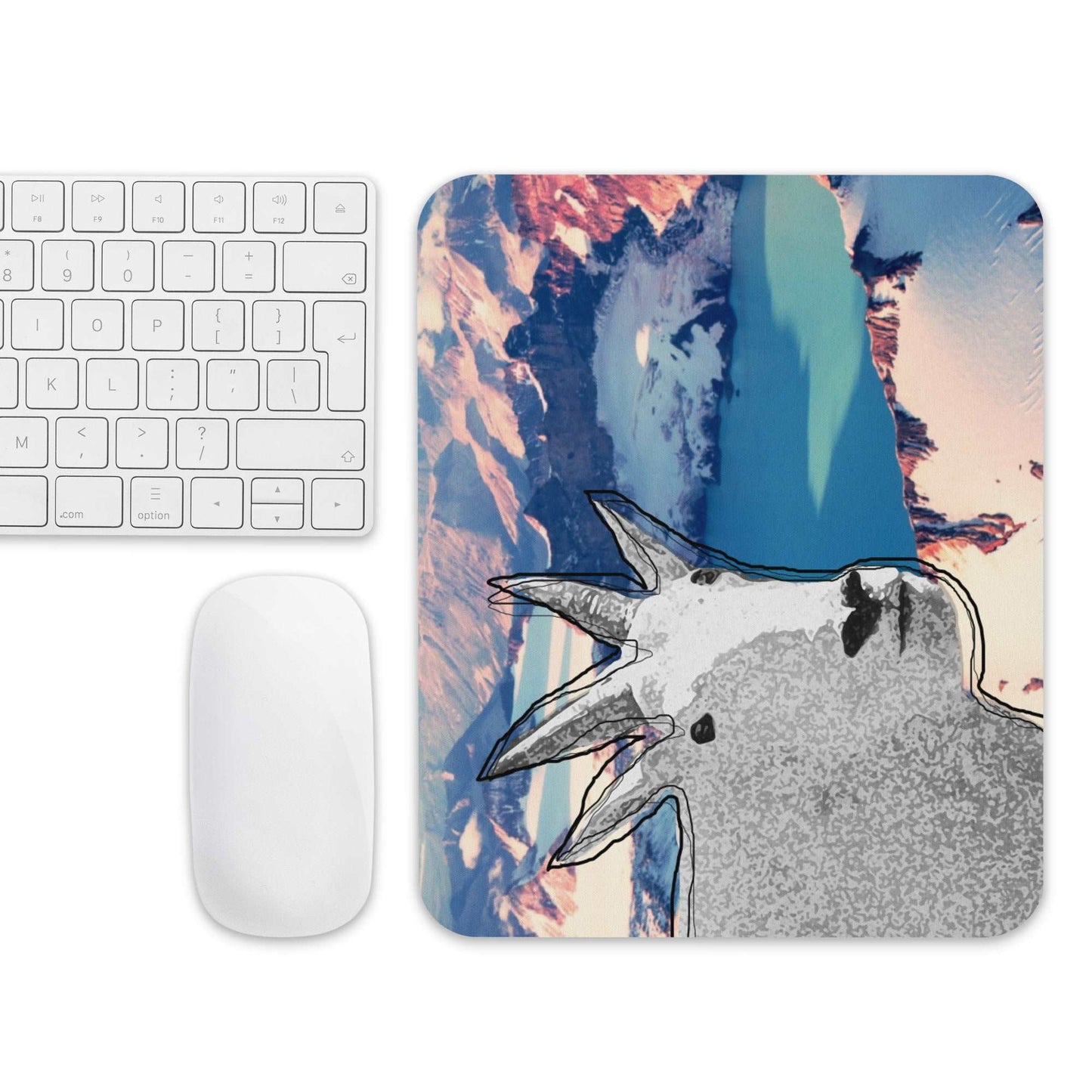 A high-quality mouse pad featuring a funny mountain goat design over a glacier lake background.