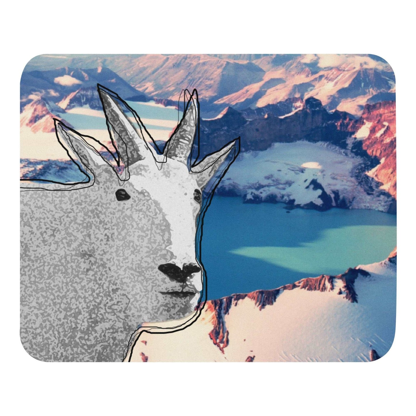 A high-quality mouse pad featuring a funny mountain goat design over a glacier lake background.