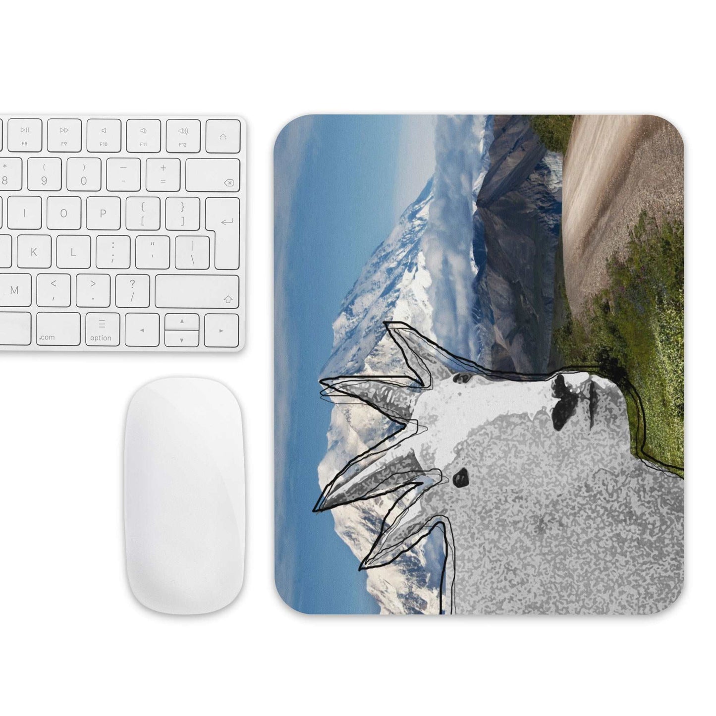 A high-quality mouse pad featuring a funny mountain goat design over a mountain view background.