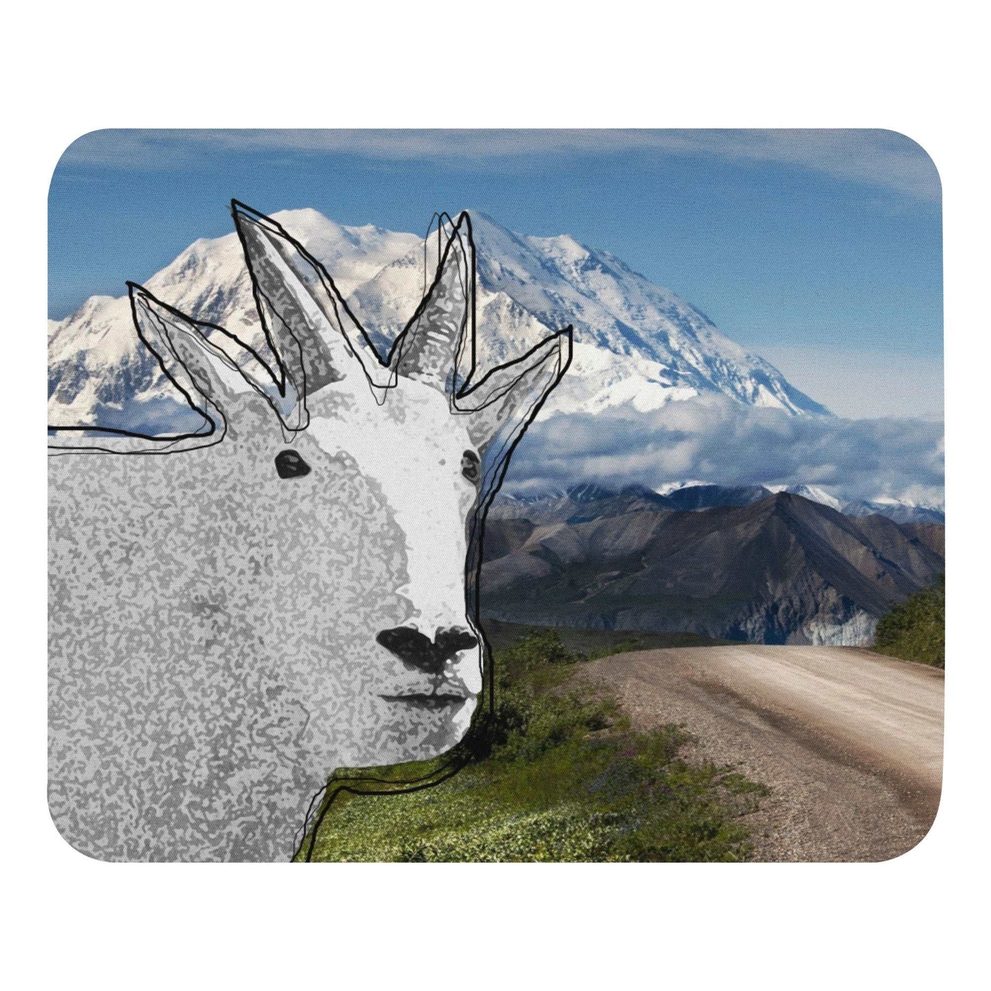 A high-quality mouse pad featuring a funny mountain goat design over a mountain view background.