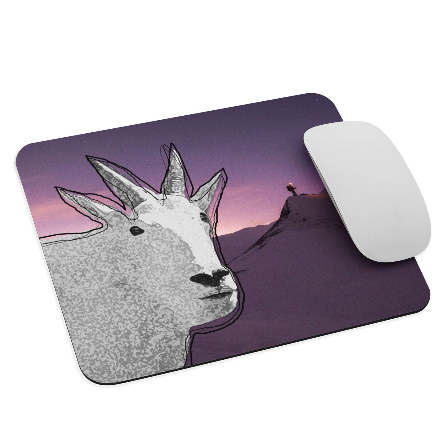 A high-quality mouse pad featuring a funny mountain goat design over purple snowy trek background.