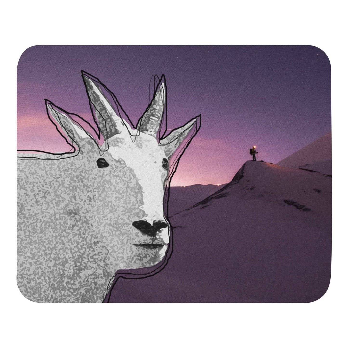 A high-quality mouse pad featuring a funny mountain goat design over purple snowy trek background.