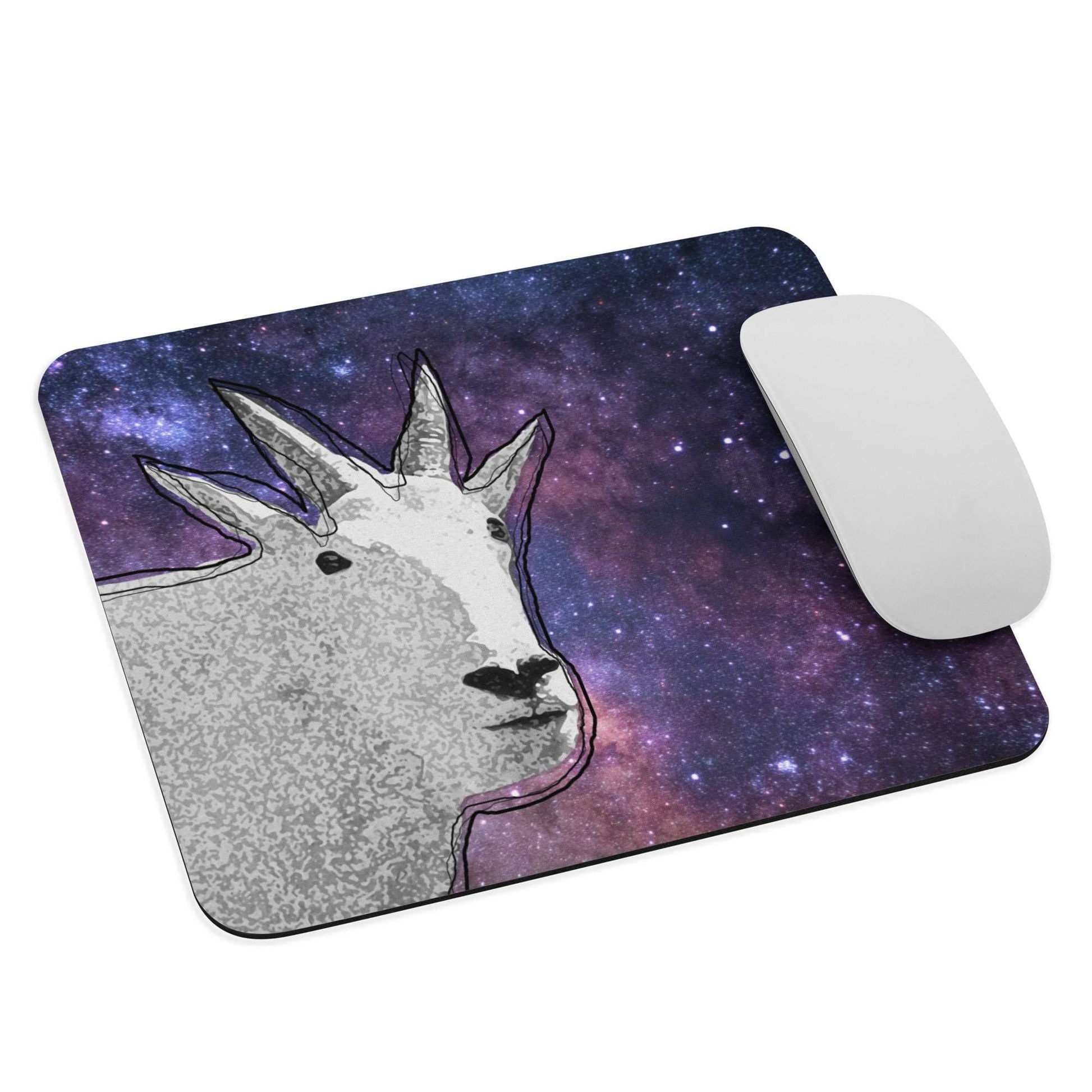 A high-quality mouse pad featuring a funny mountain goat design over a Cosmic background.