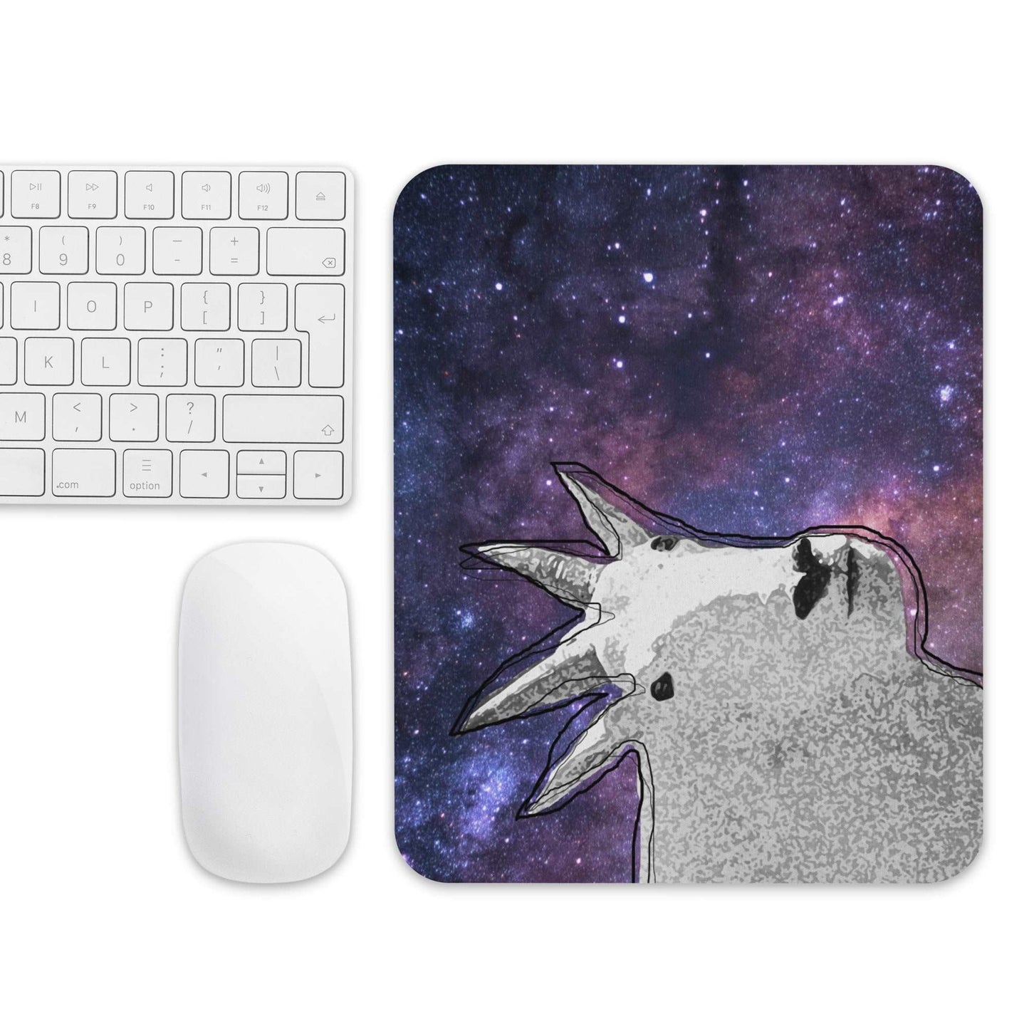 A high-quality mouse pad featuring a funny mountain goat design over a Cosmic background.