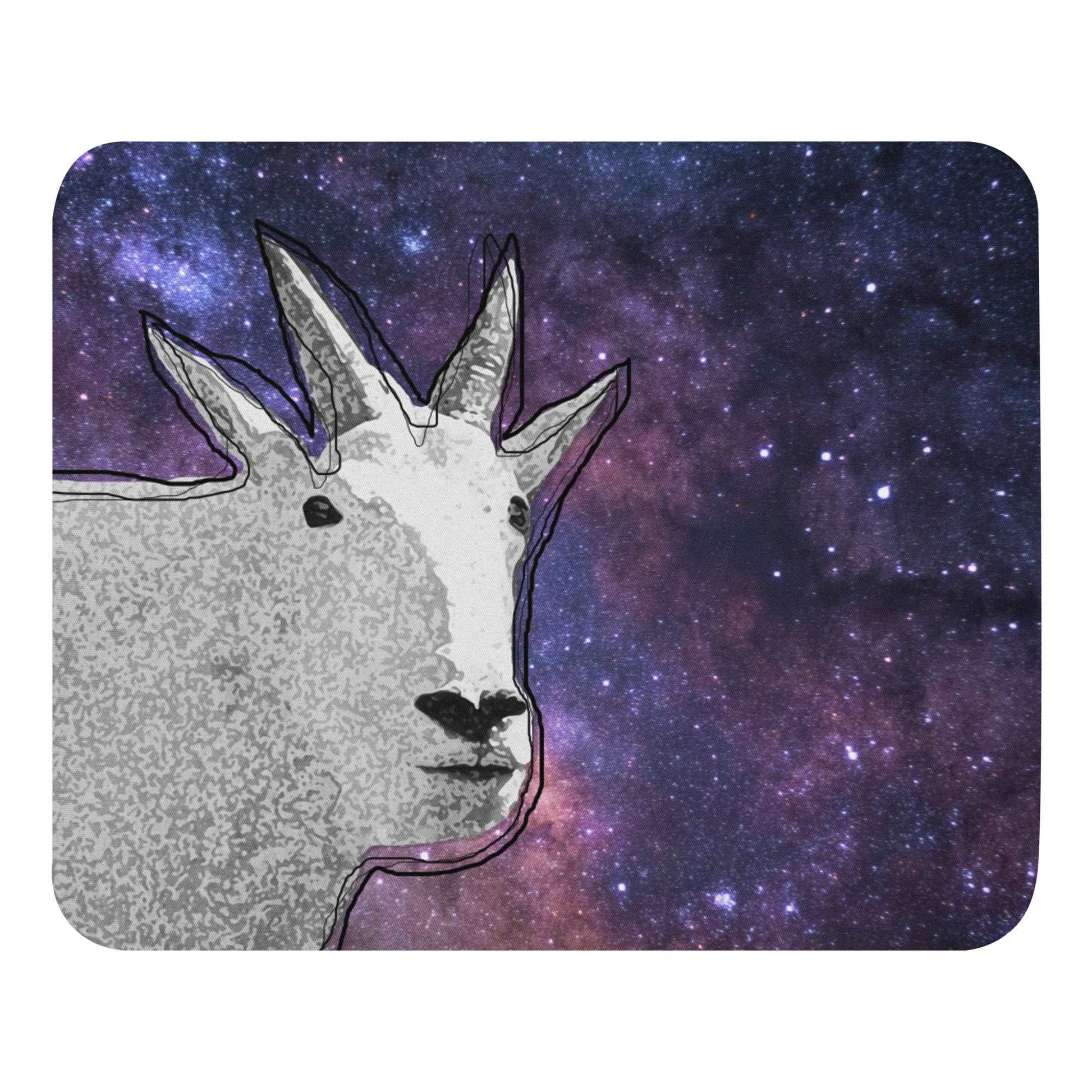 A high-quality mouse pad featuring a funny mountain goat design over a Cosmic background.