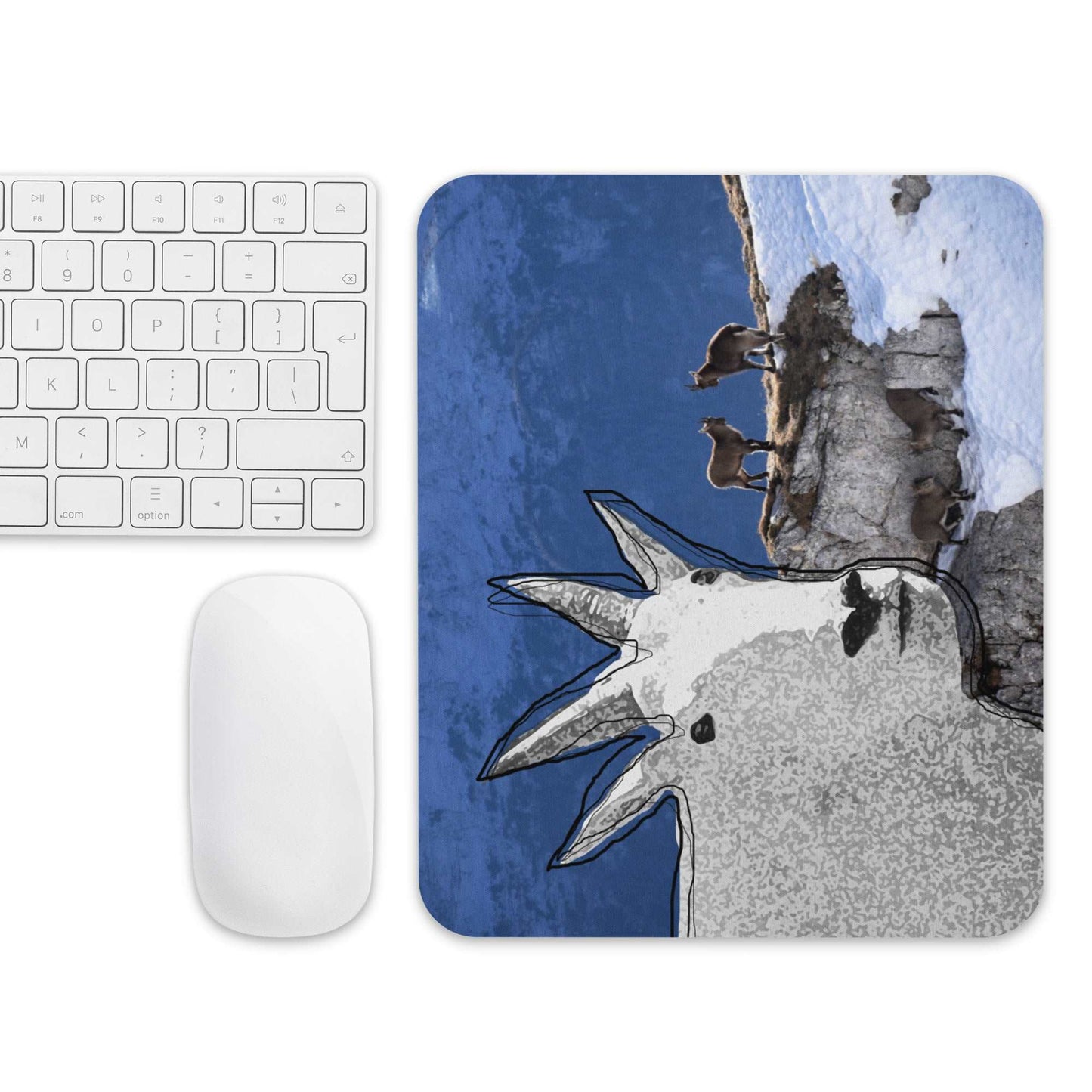 A high-quality mouse pad featuring a funny mountain goat design over a wildlife background.