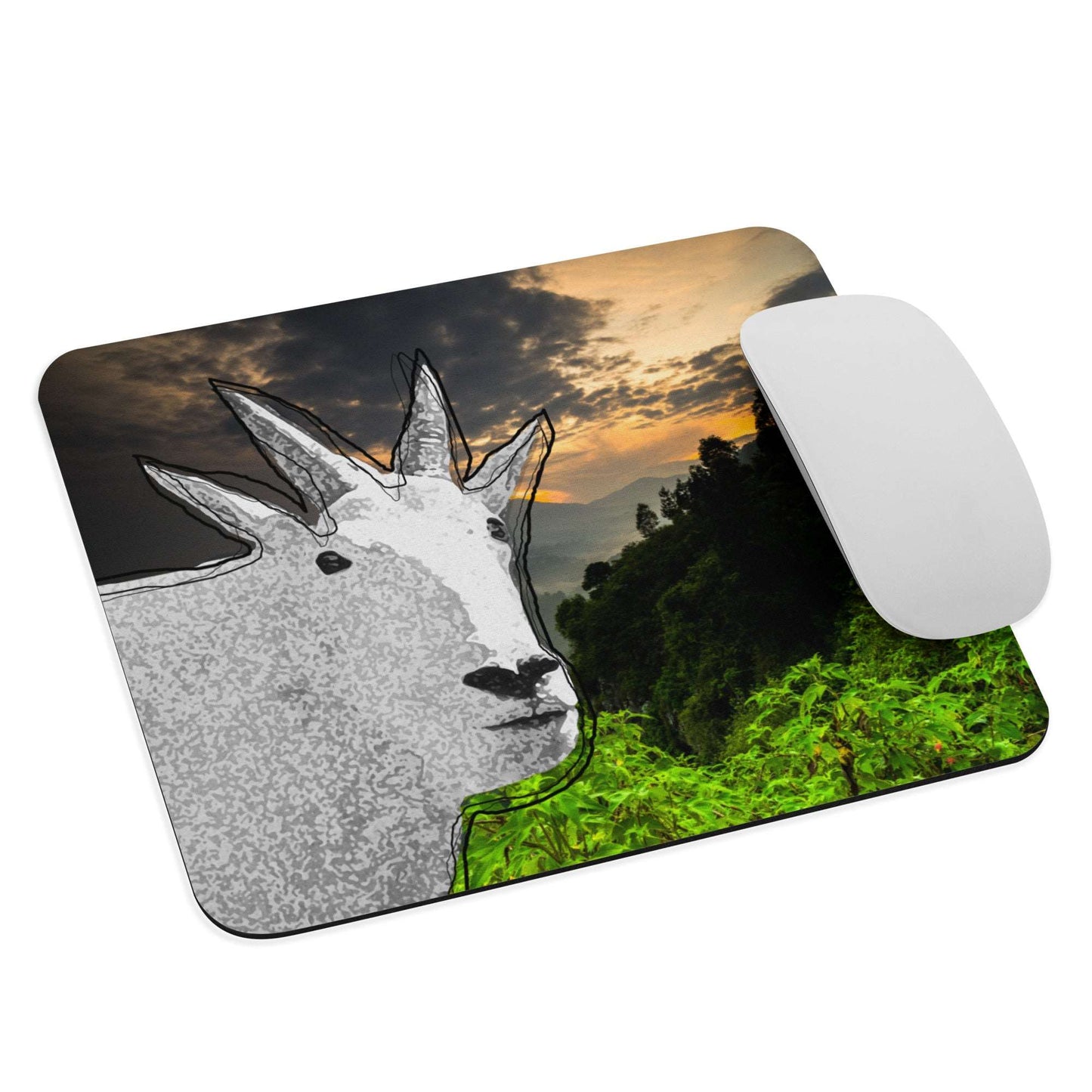 A high-quality mouse pad featuring a funny mountain goat design over a vibrant nature background.