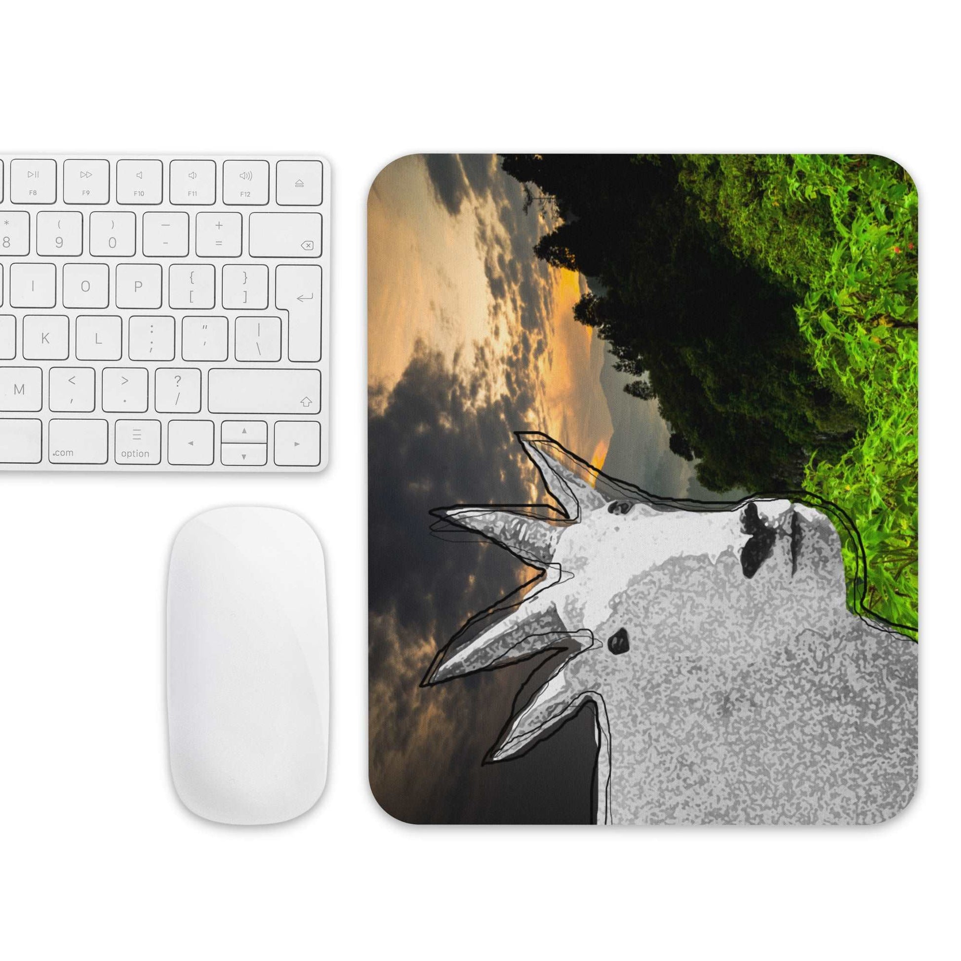 A high-quality mouse pad featuring a funny mountain goat design over a vibrant nature background.