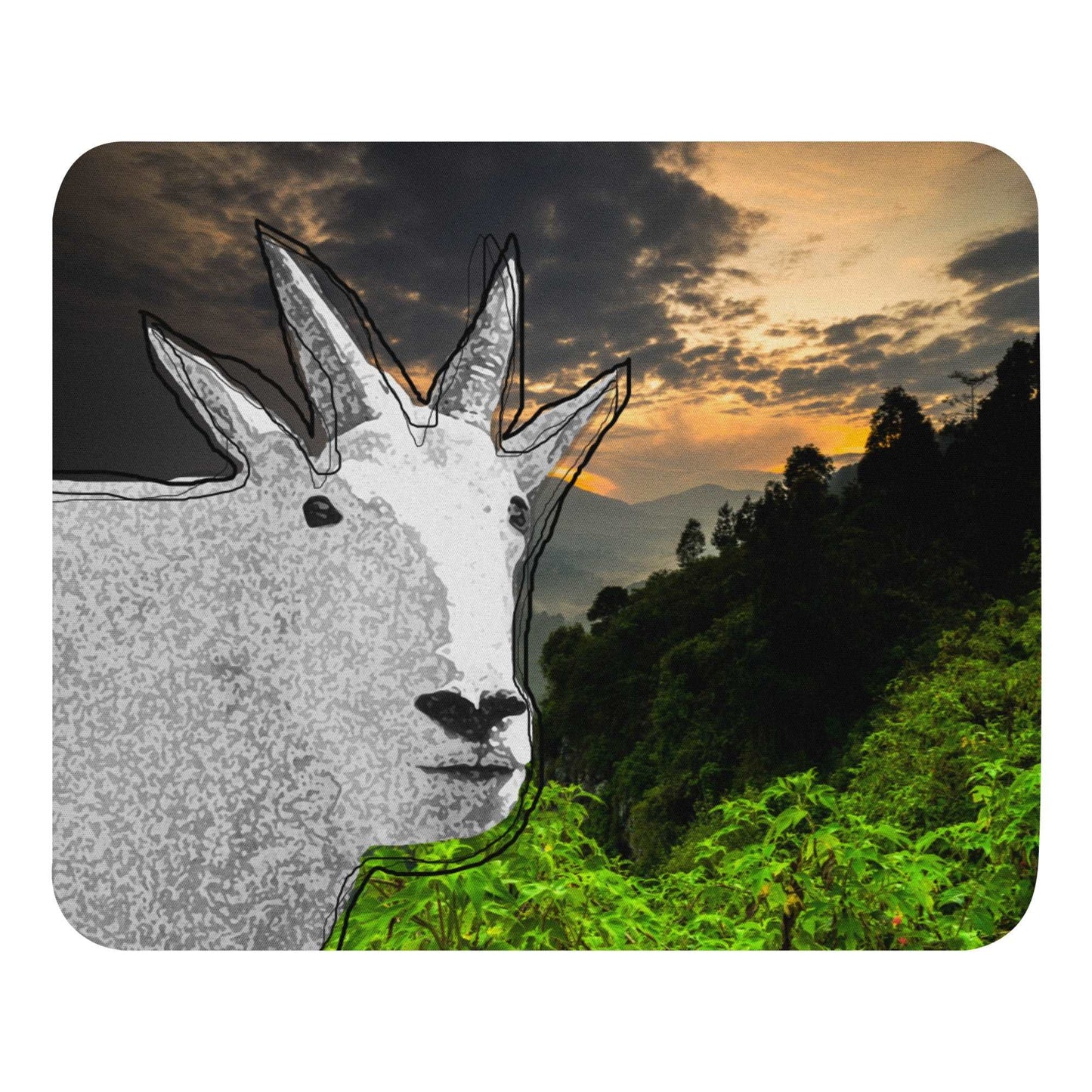 A high-quality mouse pad featuring a funny mountain goat design over a vibrant nature background.