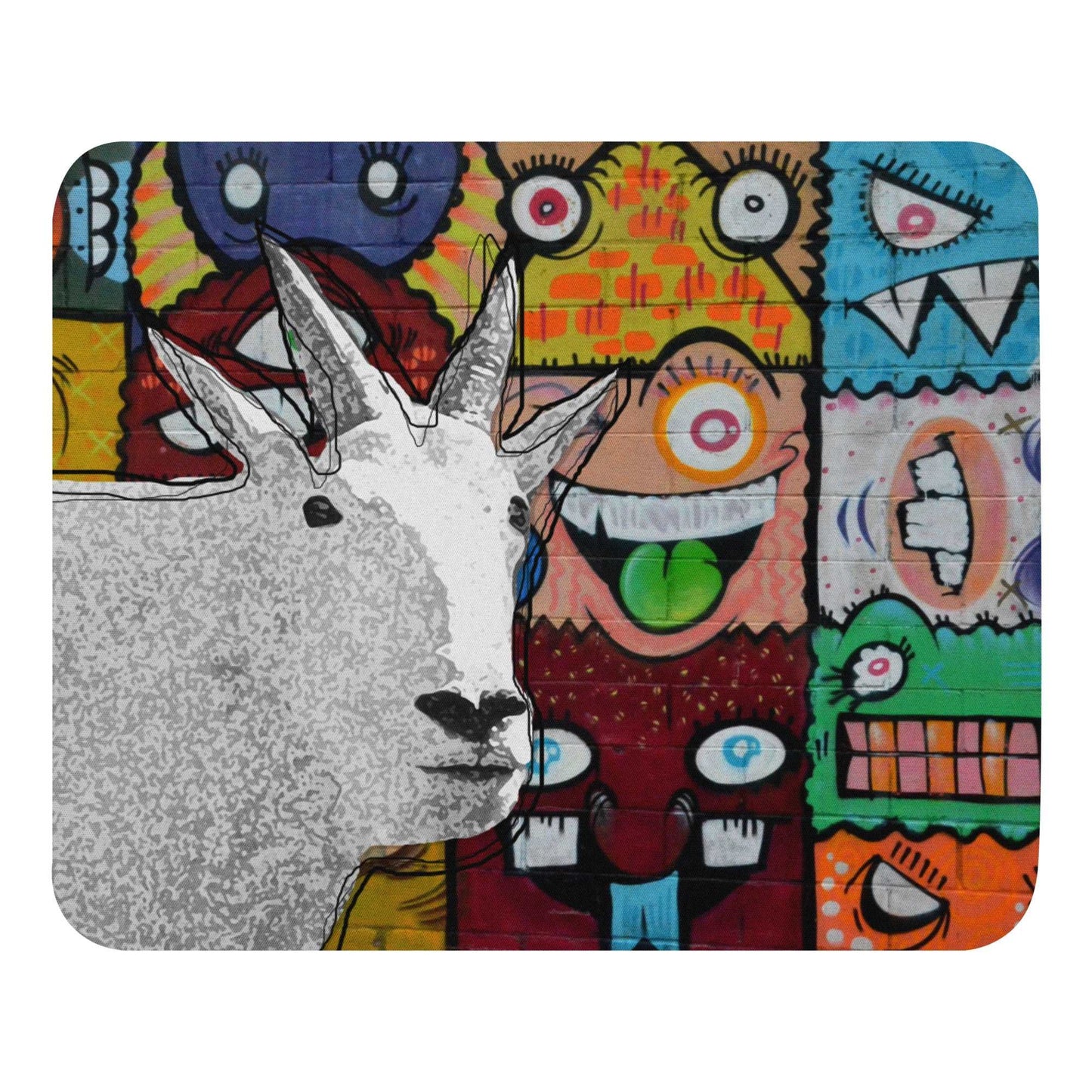 A high-quality mouse pad featuring a funny mountain goat design over a funky street art background.