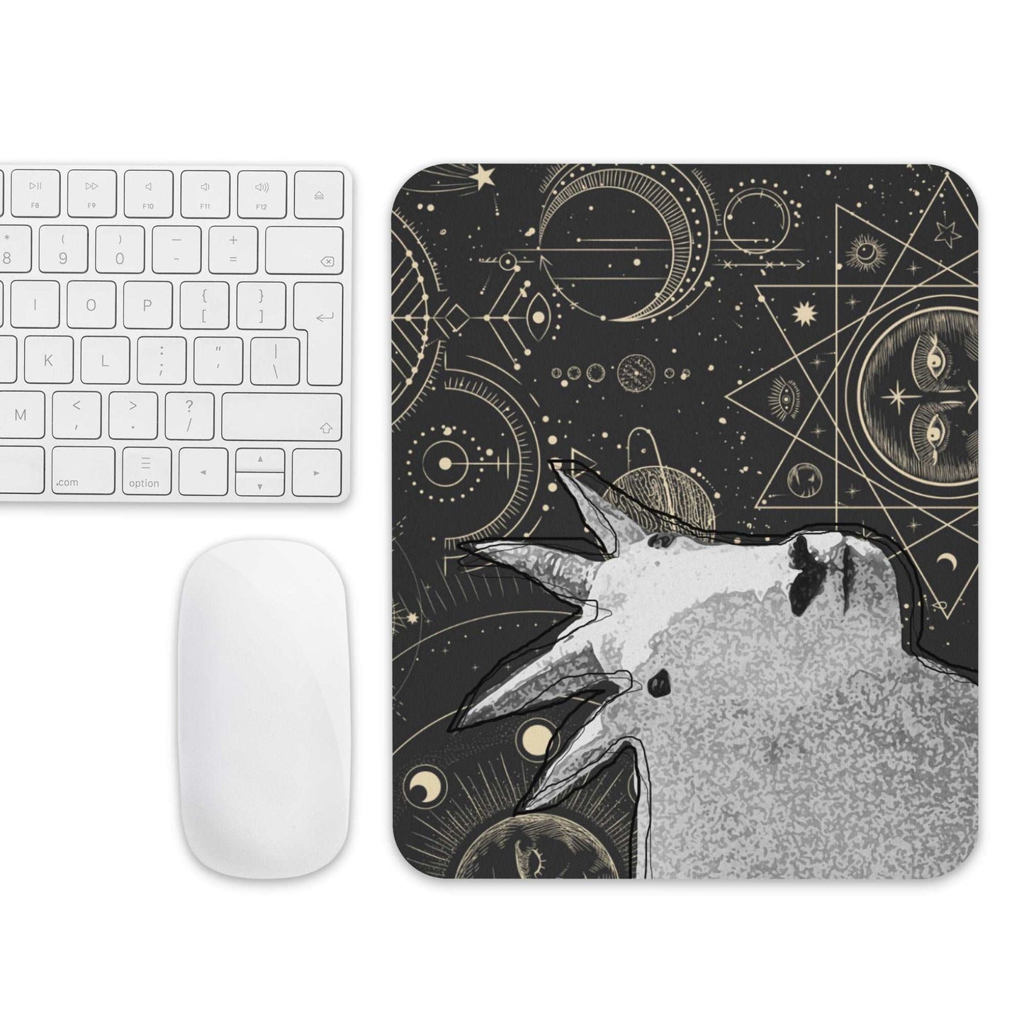 A high-quality mouse pad featuring a funny mountain goat design over an Astrology background.