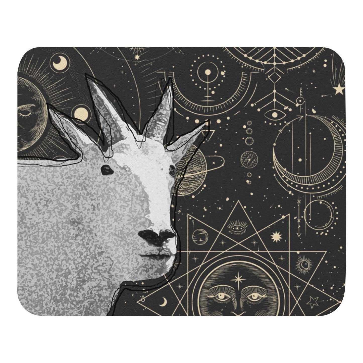 A high-quality mouse pad featuring a funny mountain goat design over an Astrology background.