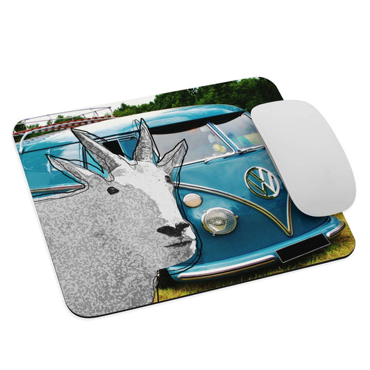 A high-quality mouse pad featuring a funny mountain goat design over a blue vintage Volkswagen background.