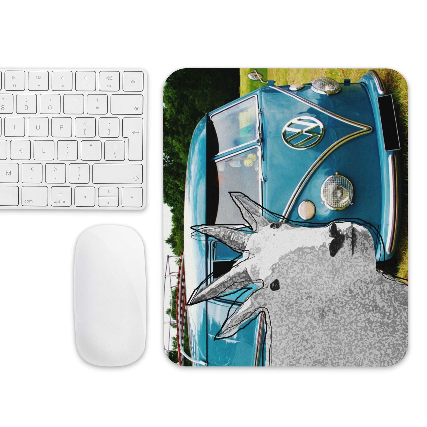 A high-quality mouse pad featuring a funny mountain goat design over a blue vintage Volkswagen background.