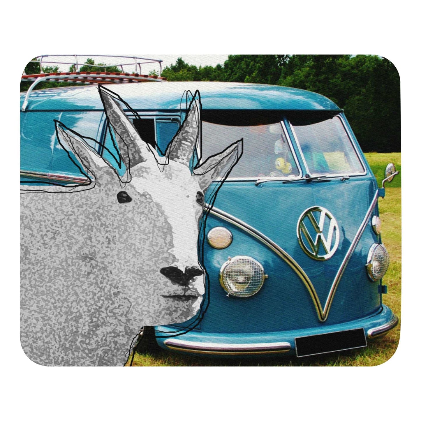 A high-quality mouse pad featuring a funny mountain goat design over a blue vintage Volkswagen background.