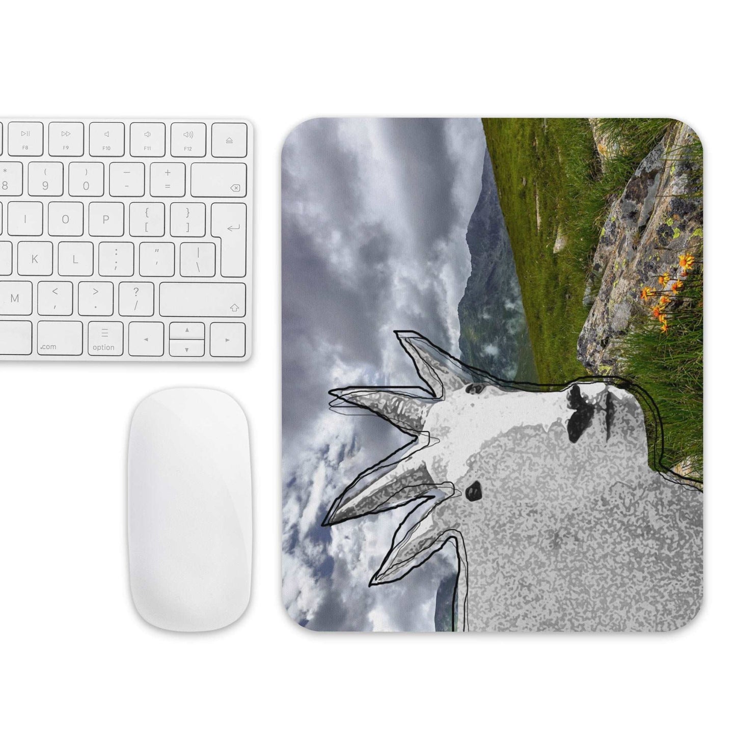 A high-quality mouse pad featuring a funny mountain goat design over Mt Rainer background.