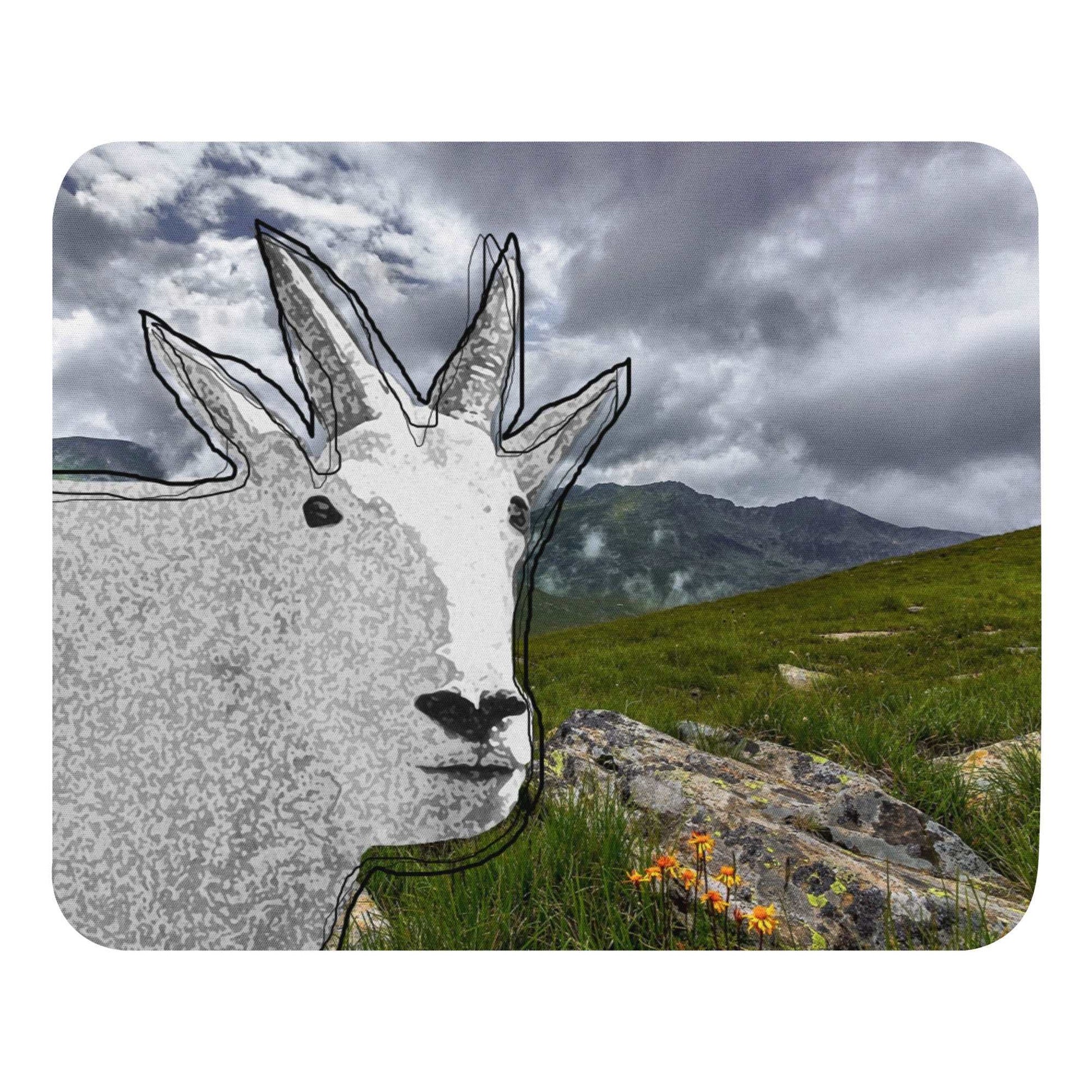 A high-quality mouse pad featuring a funny mountain goat design over Mt Rainer background.