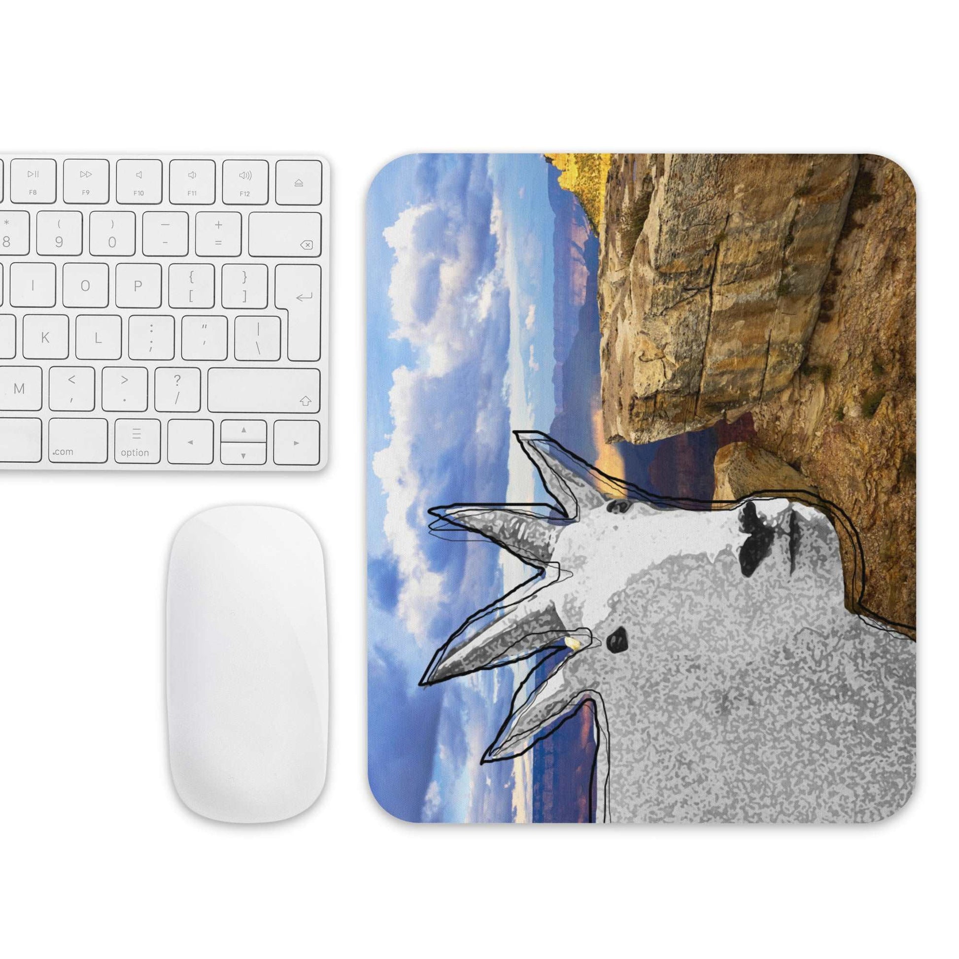 A high-quality mouse pad featuring a funny mountain goat design over panorama background.