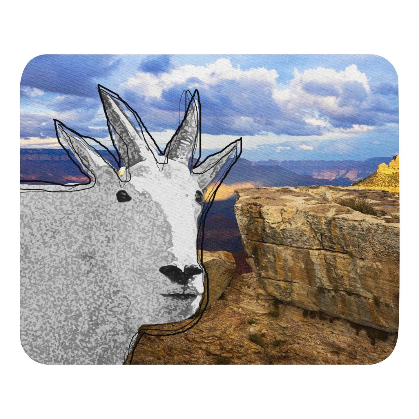 A high-quality mouse pad featuring a funny mountain goat design over panorama background.