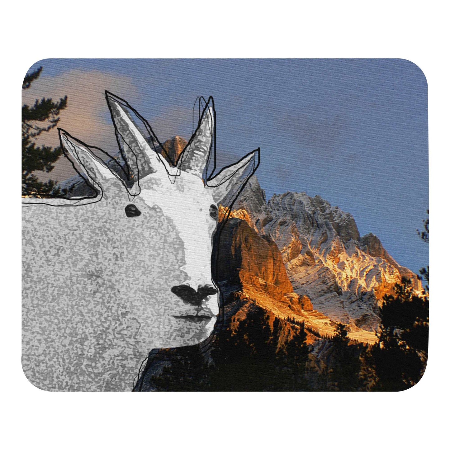 A high-quality mouse pad featuring a funny mountain goat design over a mountain dusk background.