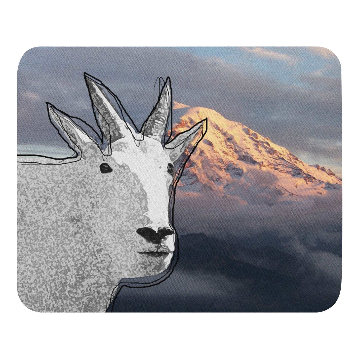 A high-quality mouse pad featuring a funny mountain goat design over a misty mountain background.