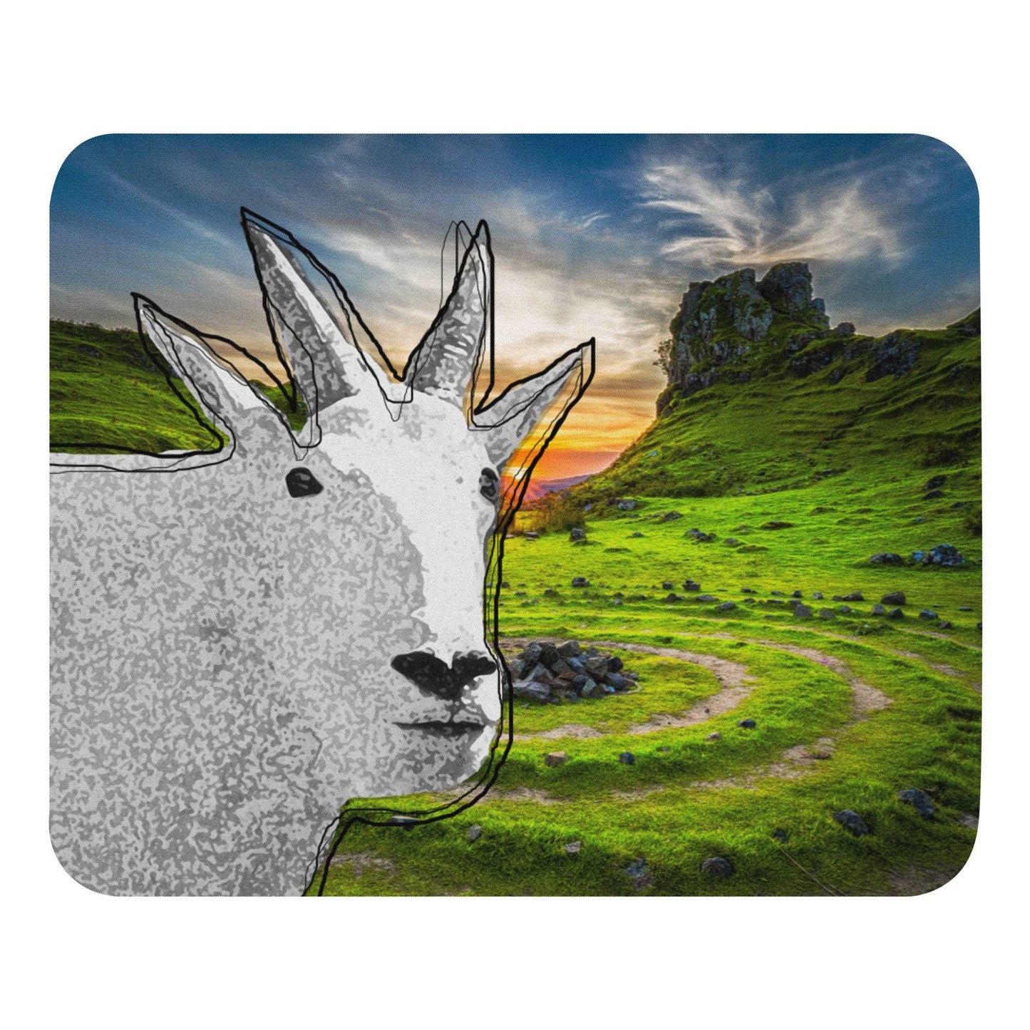 A high-quality mouse pad featuring a funny mountain goat design over a green mountain background.