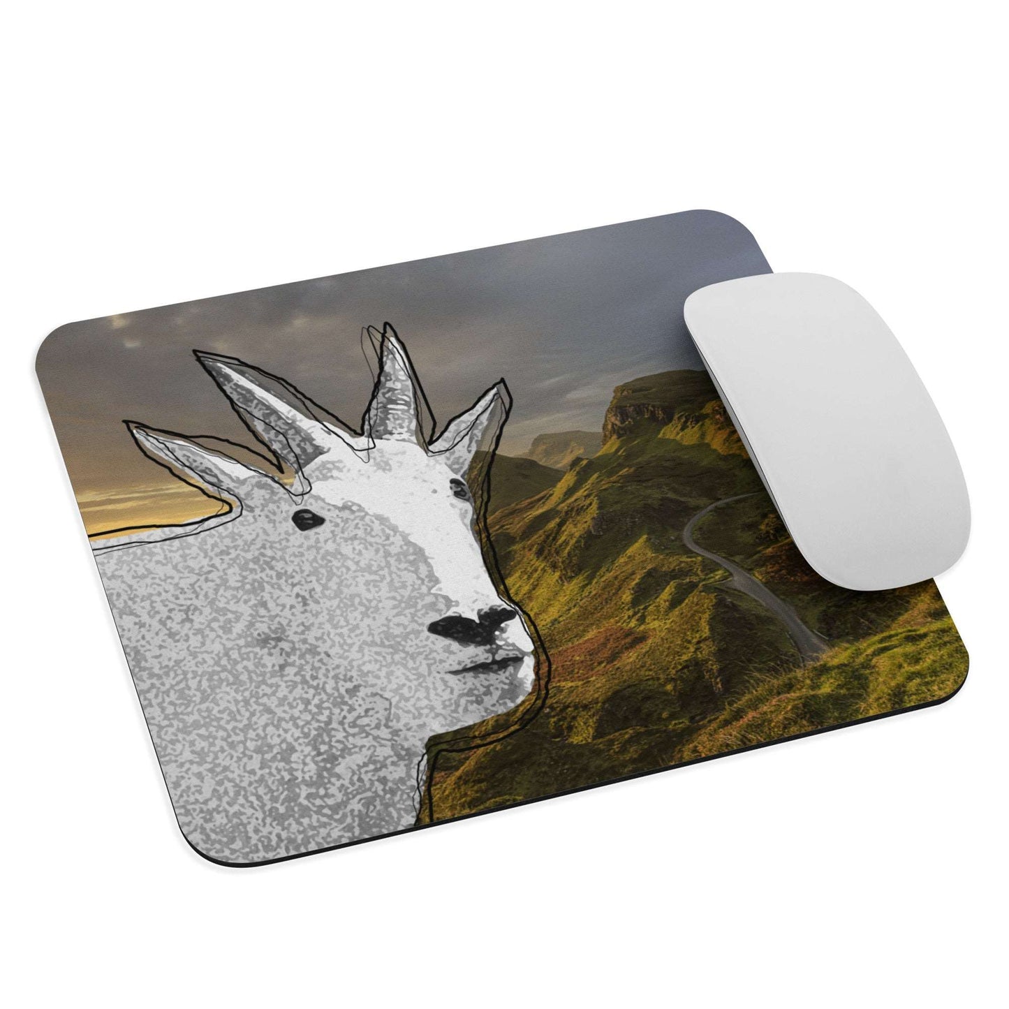 A high-quality mouse pad featuring a funny mountain goat design over a yearning background.