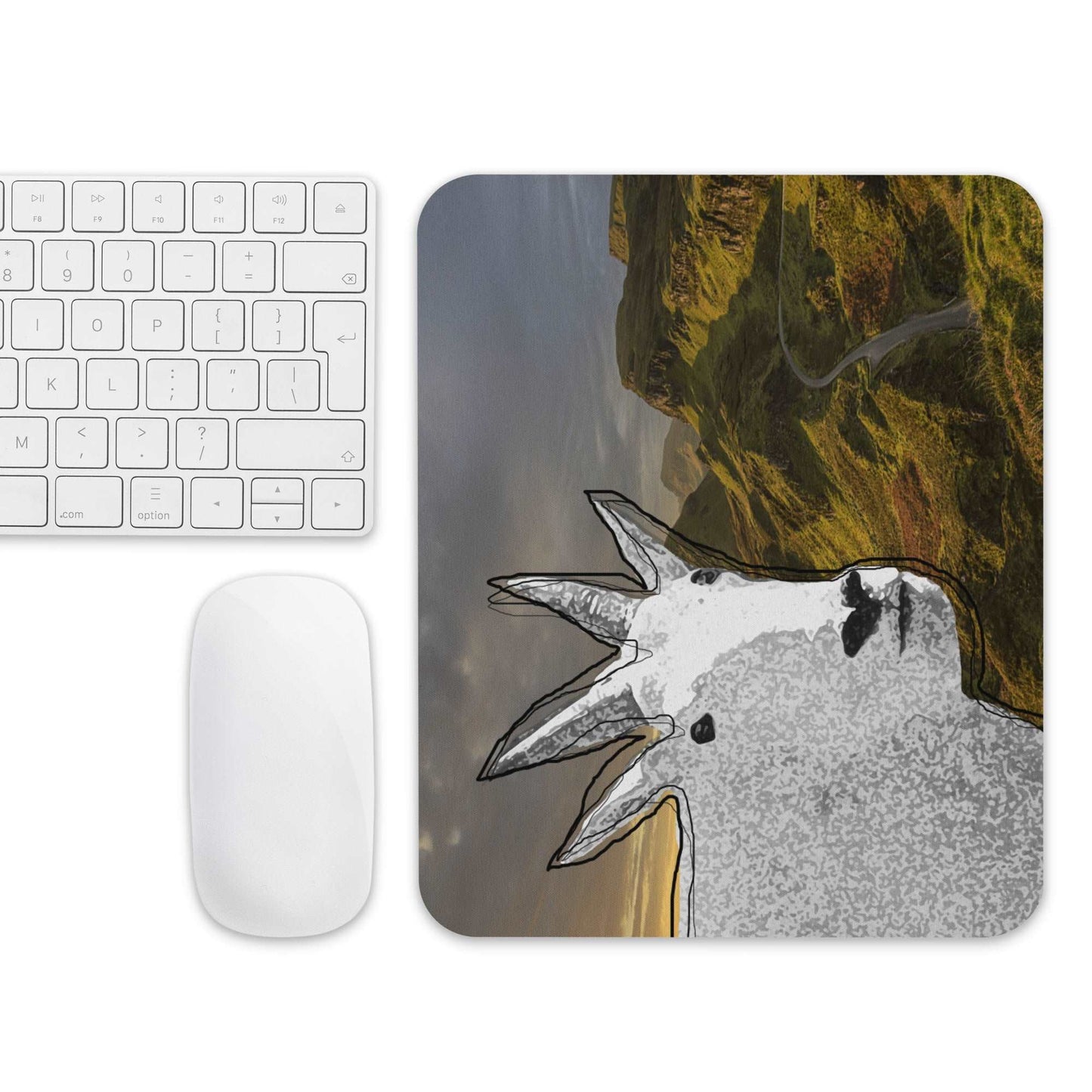 A high-quality mouse pad featuring a funny mountain goat design over a yearning background.