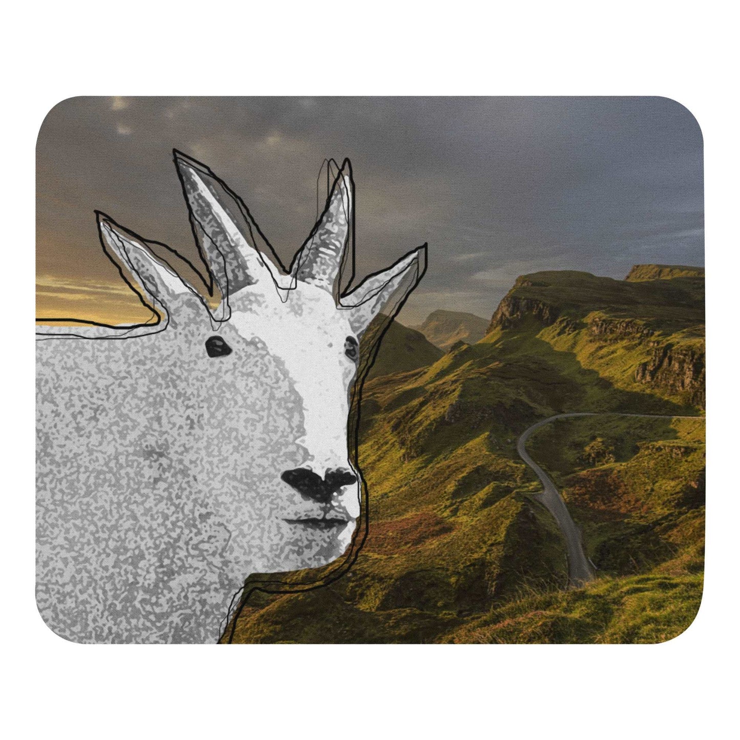 A high-quality mouse pad featuring a funny mountain goat design over a yearning background.