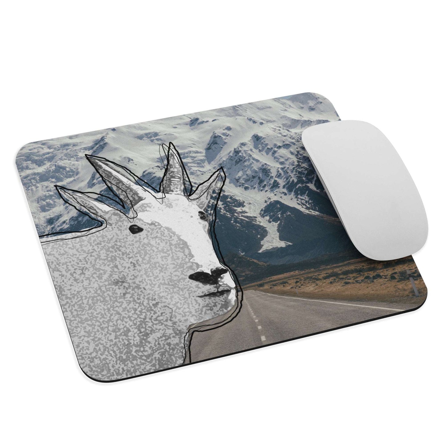 A high-quality mouse pad featuring a funny mountain goat design over a mountain highway background.