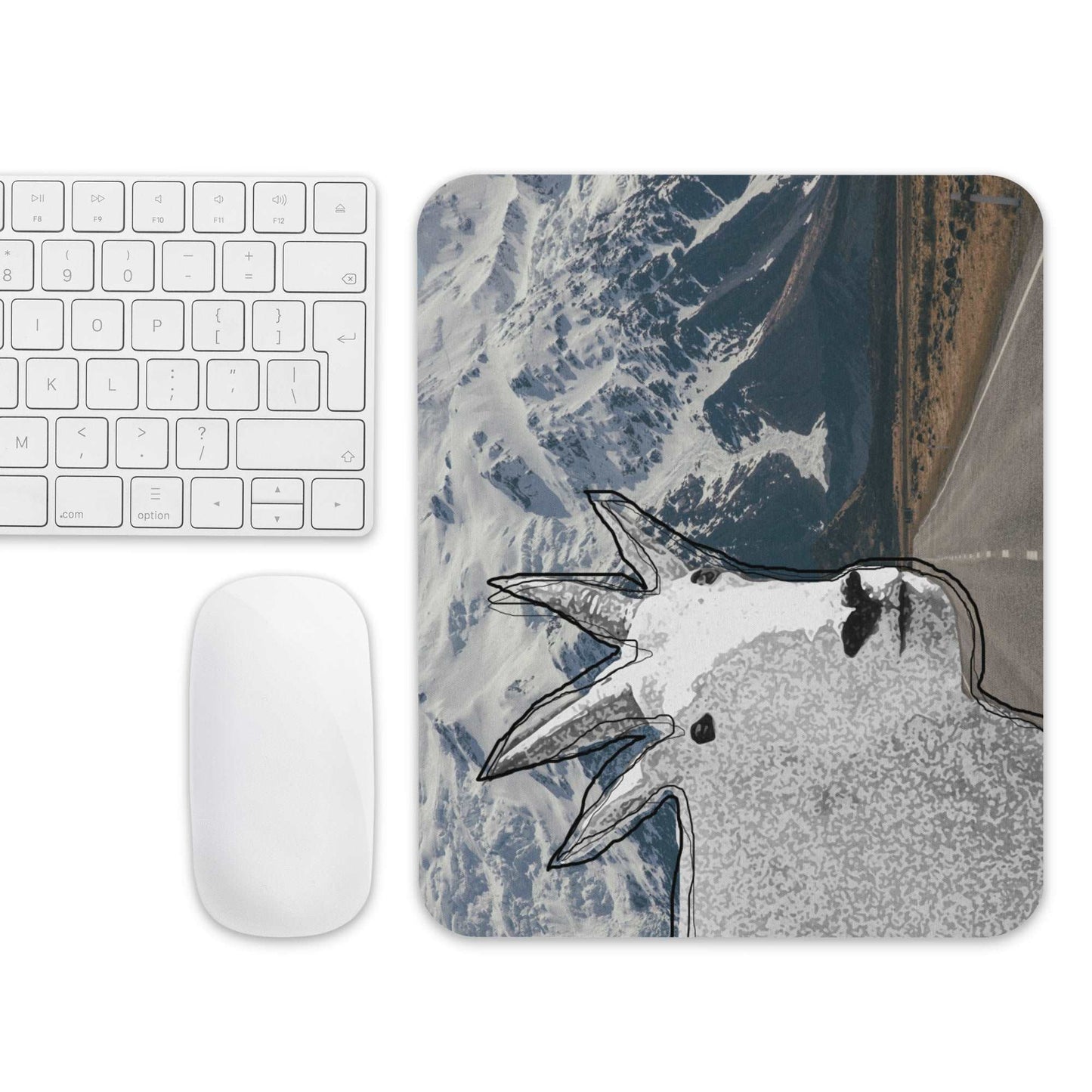 A high-quality mouse pad featuring a funny mountain goat design over a mountain highway background.