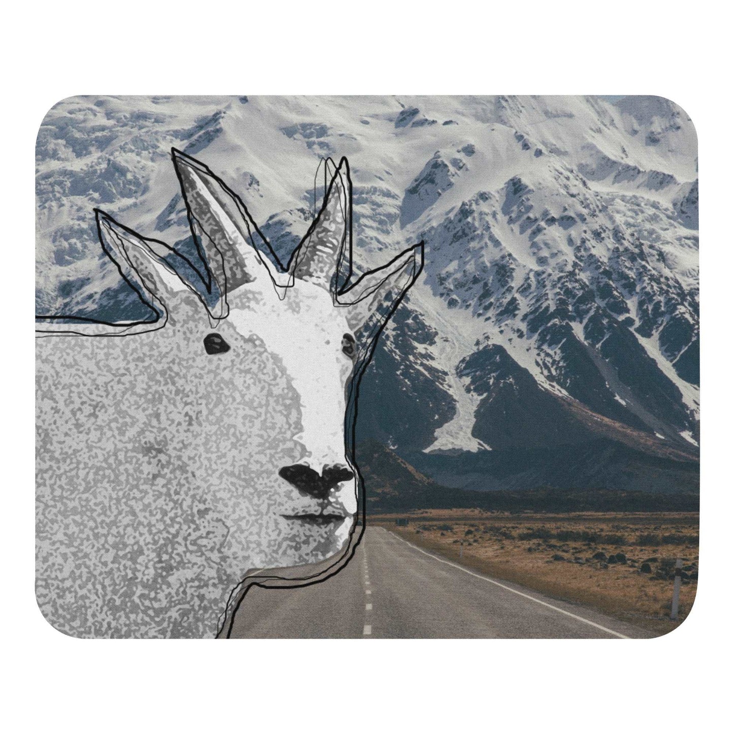 A high-quality mouse pad featuring a funny mountain goat design over a mountain highway background.