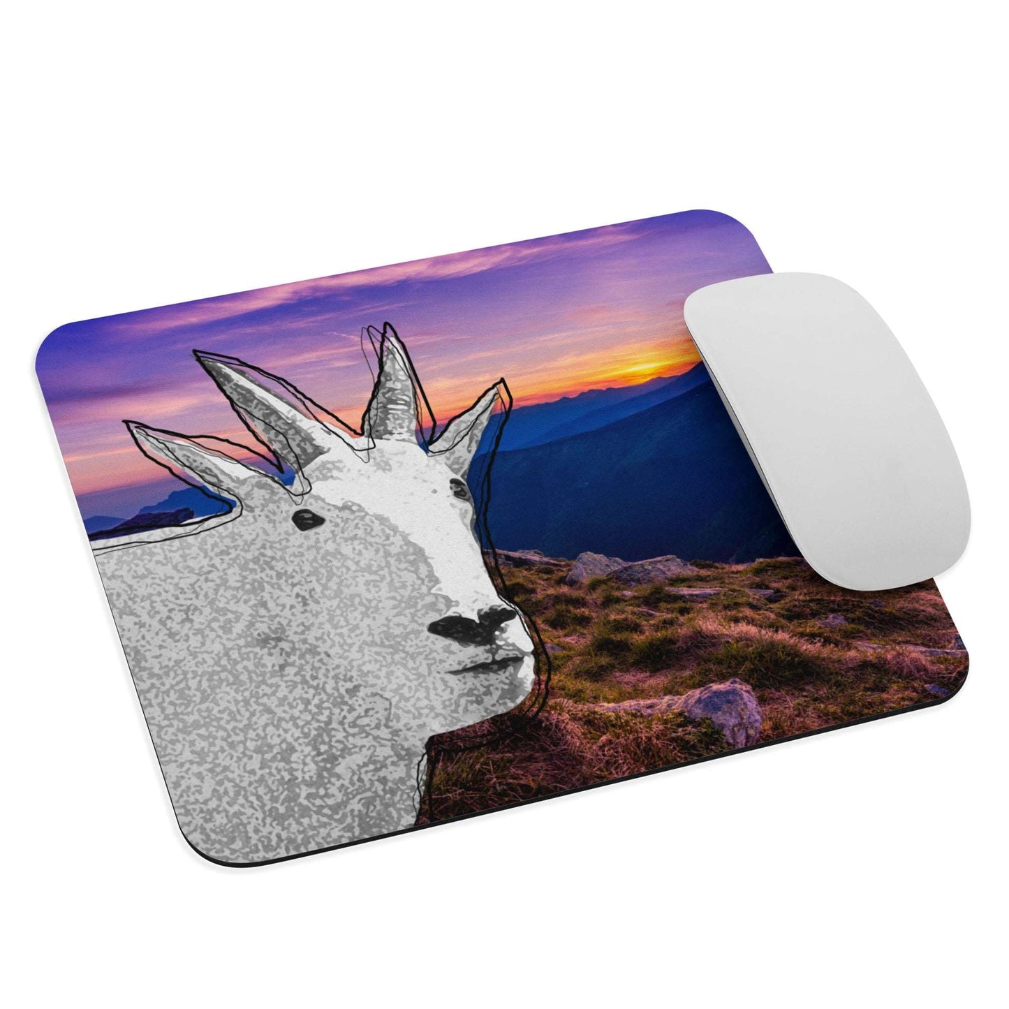 A high-quality mouse pad featuring a funny mountain goat design over a gorgeous sunset background.