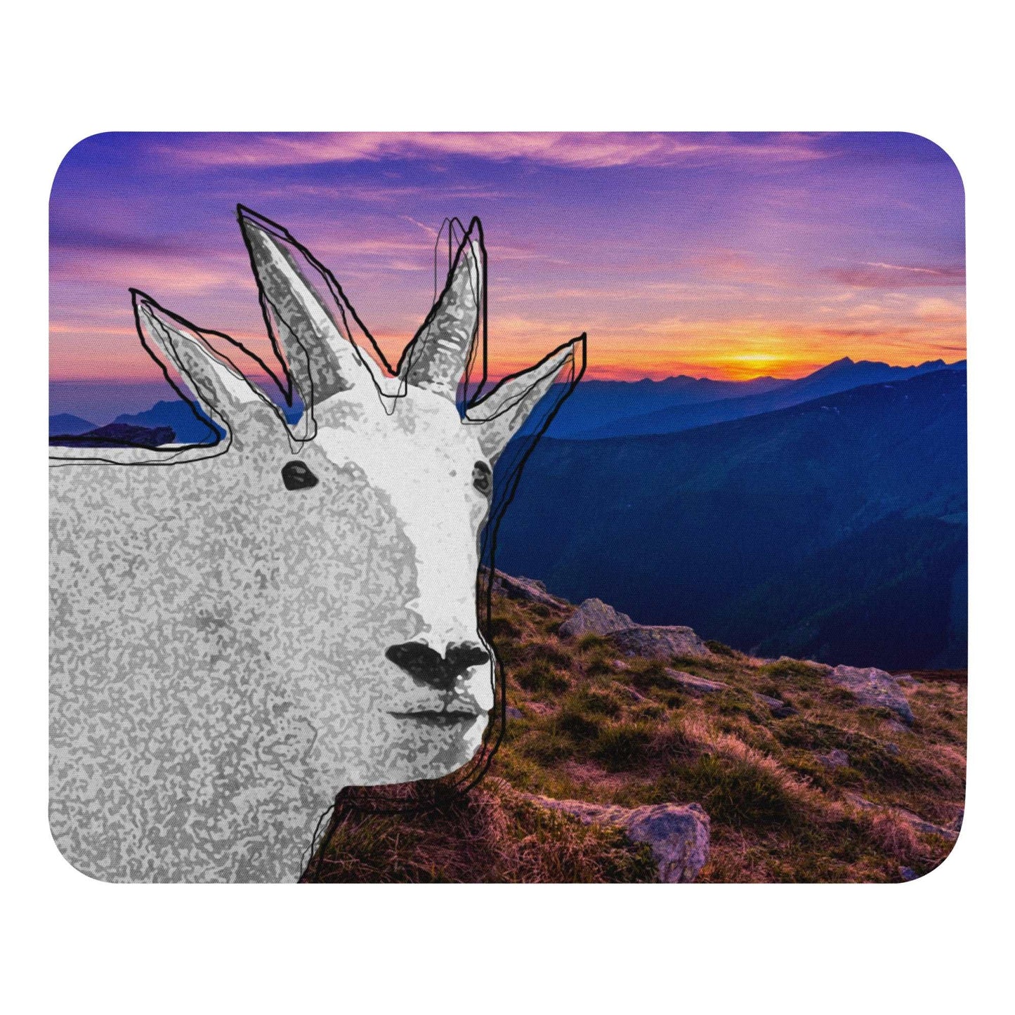 A high-quality mouse pad featuring a funny mountain goat design over a gorgeous sunset background.