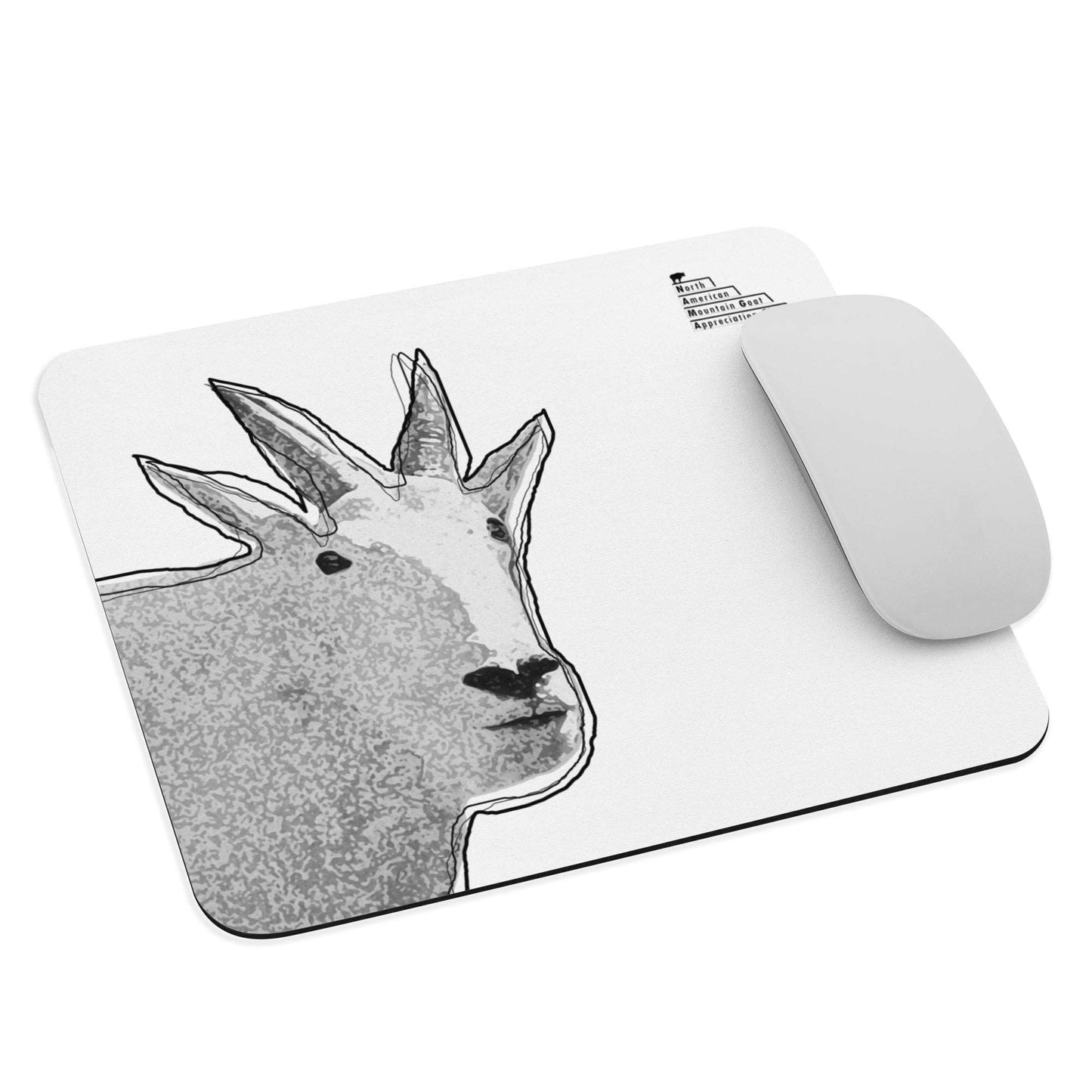 A high-quality mouse pad featuring a funny mountain goat design and a logo of North American Mountain Goat Appreciation Club over a white background.