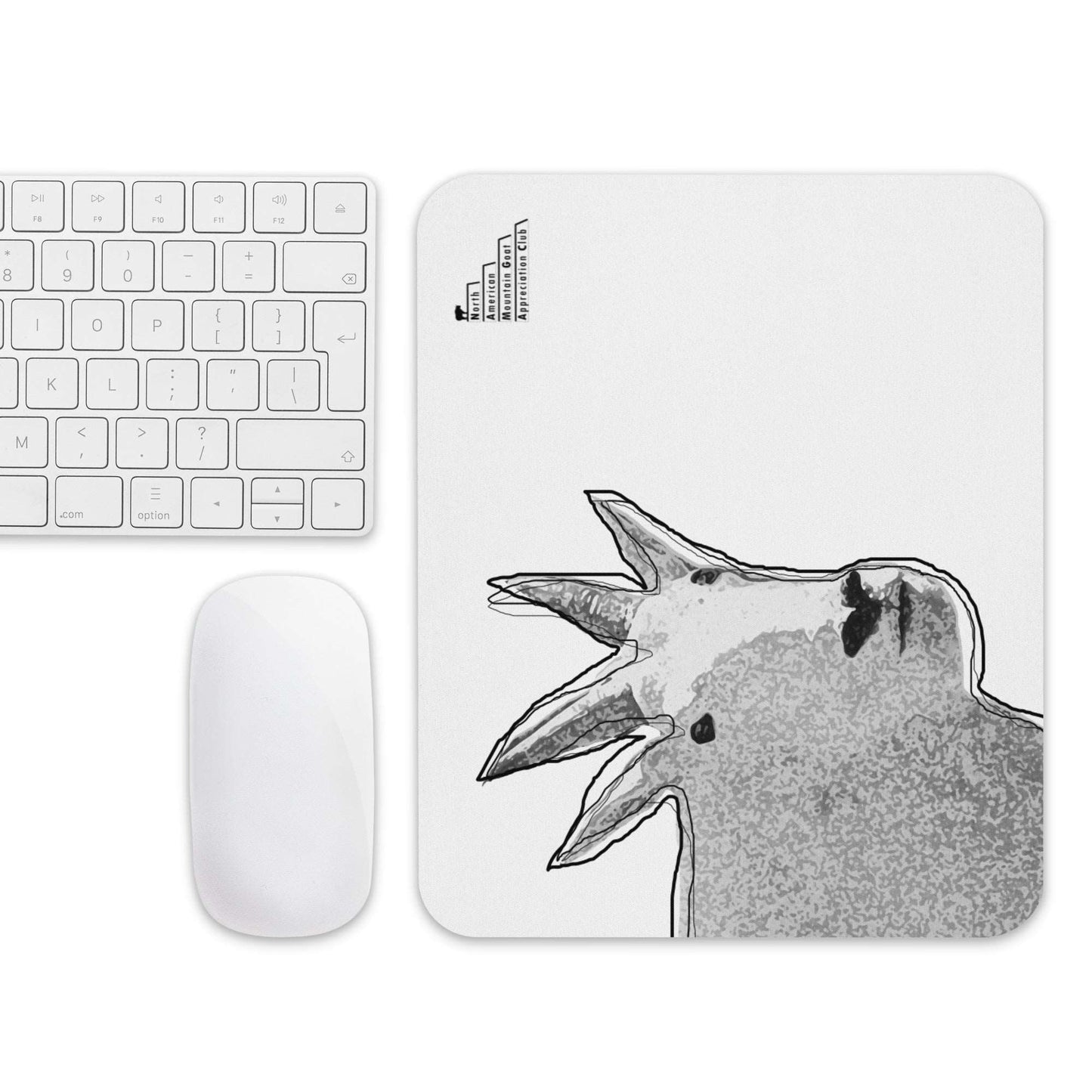 A high-quality mouse pad featuring a funny mountain goat design and a logo of North American Mountain Goat Appreciation Club over a white background.